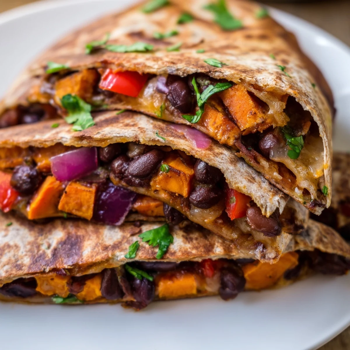 Four golden Roasted Sweet Potato and Black Bean Quesadilla wedges are arranged on a white plate with a small bowl of sour cream and lime wedges.