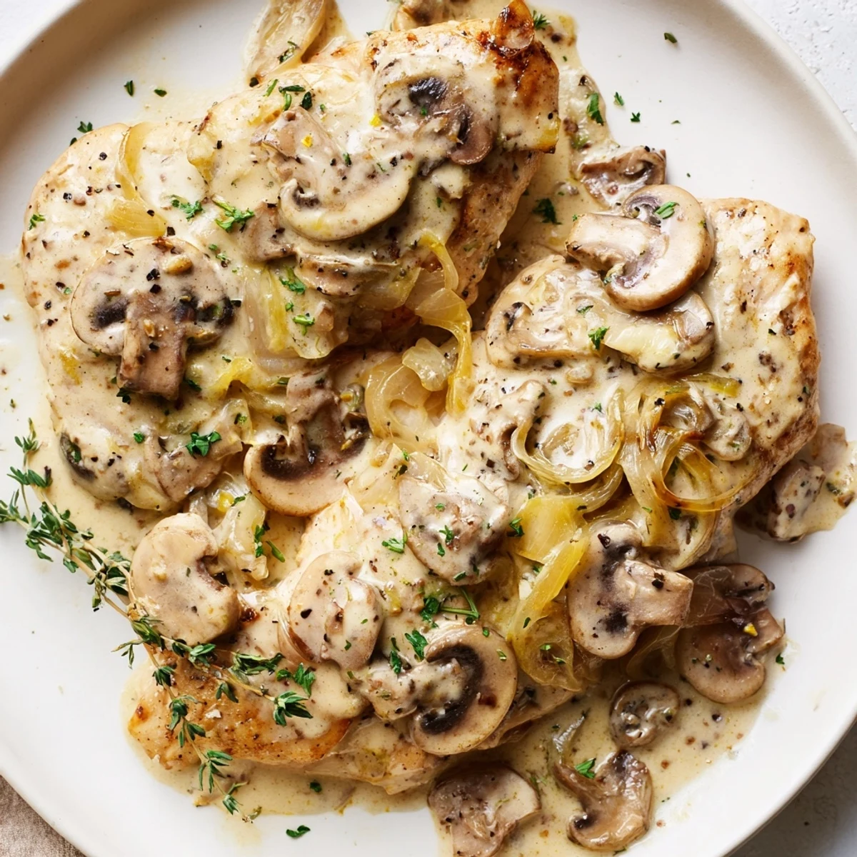 Sizzling skillet of Creamy Garlic Mushroom Chicken Breasts simmered in a velvety sauce with sautéed mushrooms, fresh garlic, and thyme, ready to serve over steamed rice.