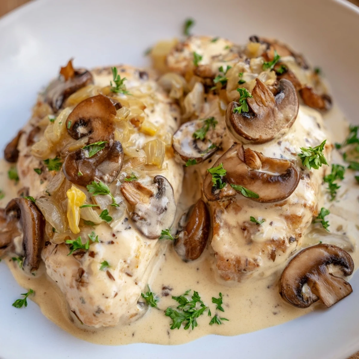 Golden-seared Creamy Garlic Mushroom Chicken Breasts in a rich sauce, garnished with fresh parsley and served alongside fluffy mashed potatoes for a comforting dinner.