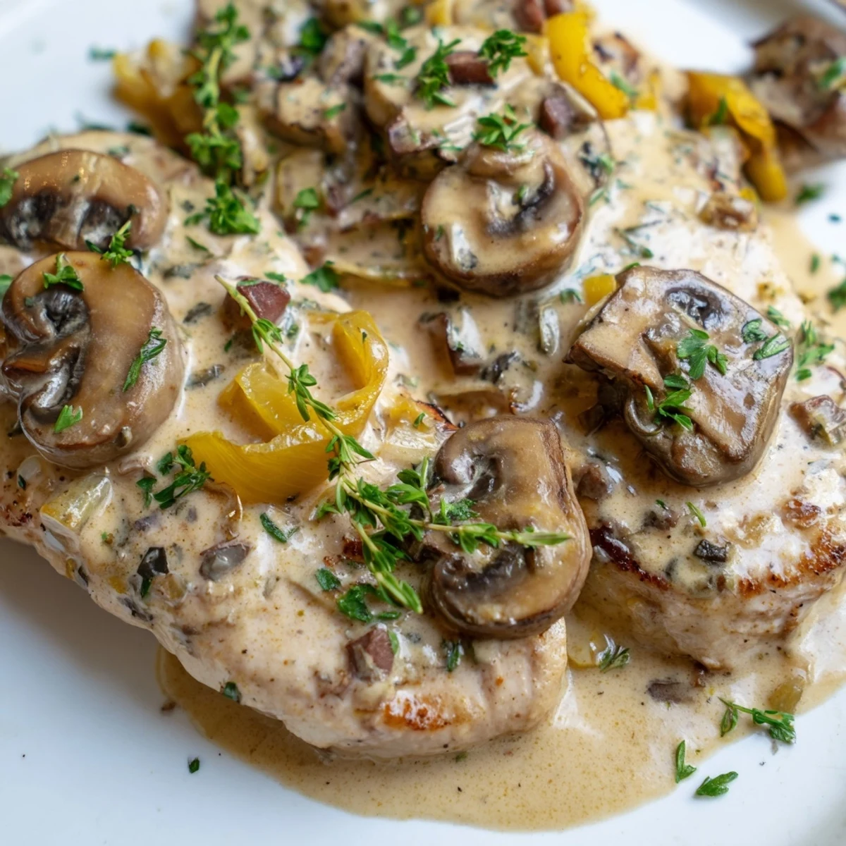 Tender Creamy Garlic Mushroom Chicken Breasts plated with roasted vegetables, drizzled with a creamy mushroom sauce and finished with a sprinkle of chopped fresh parsley.