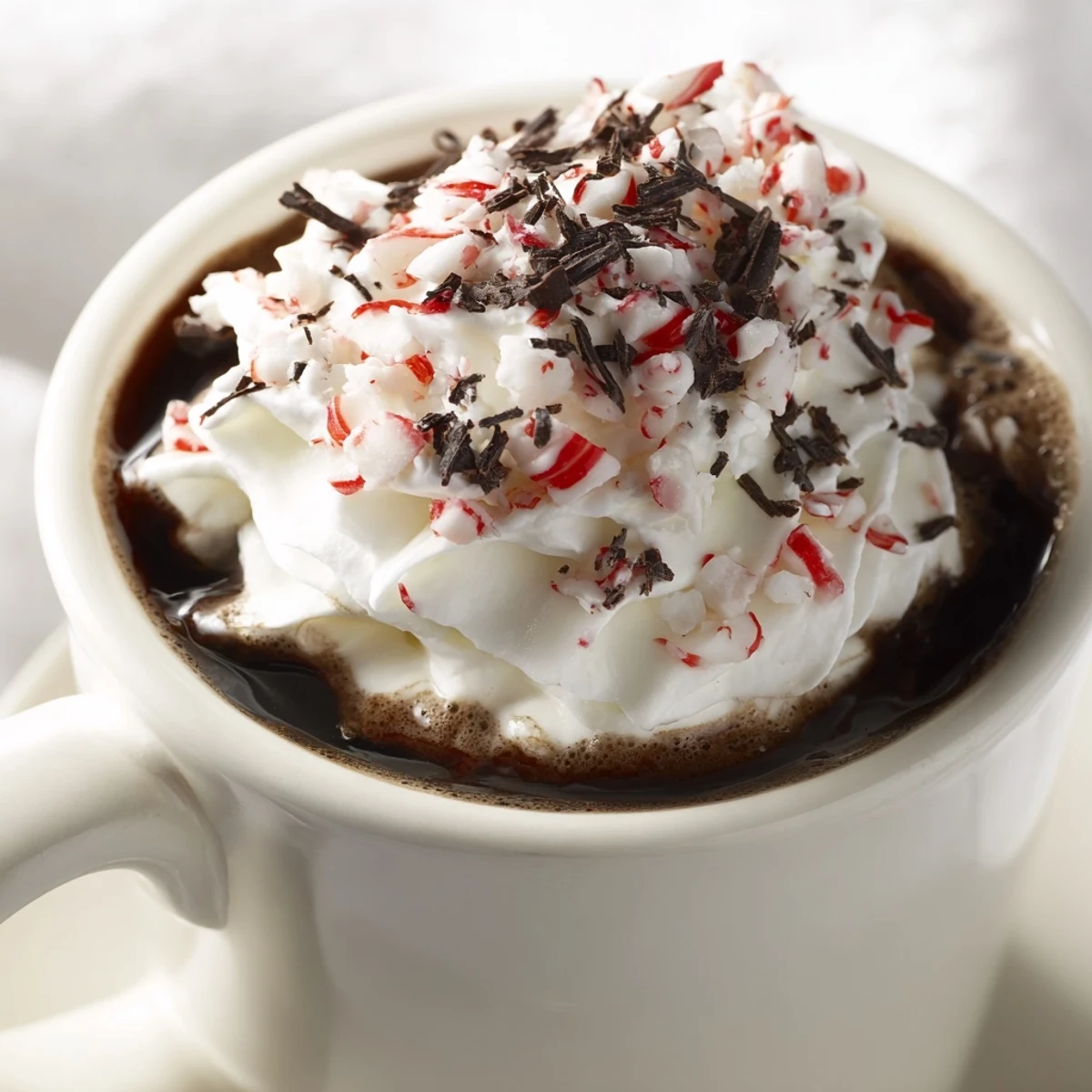 Creamy peppermint mocha hot chocolate steams in a mug topped with whipped cream, crushed candy canes, and rich chocolate shavings.