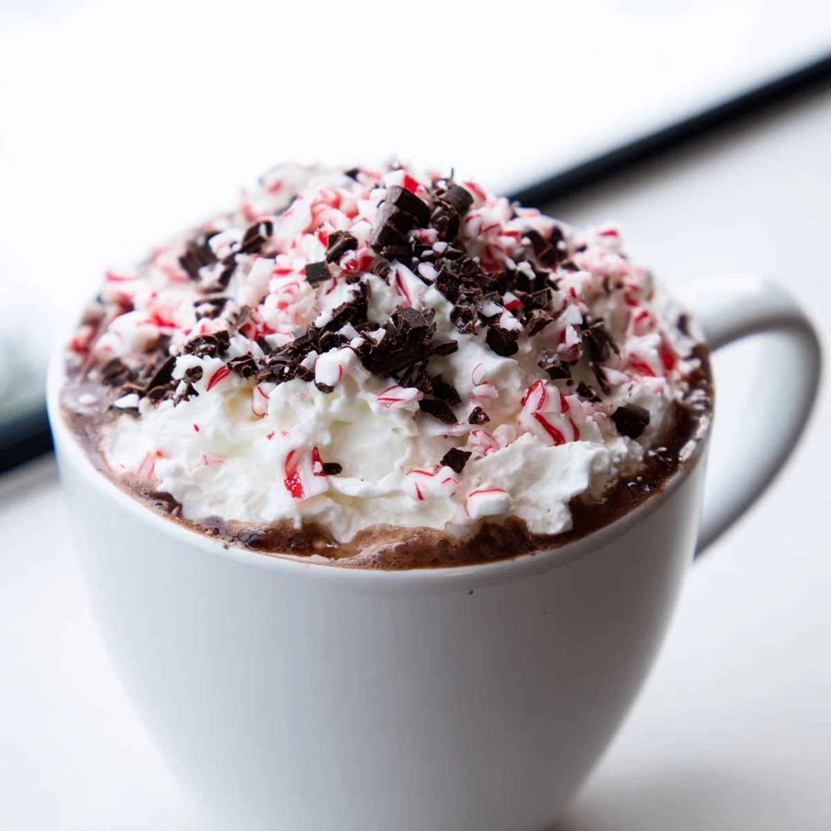 A cozy winter beverage served alongside chocolate-dipped biscotti and a festive candy cane stirrer on a rustic wood table.