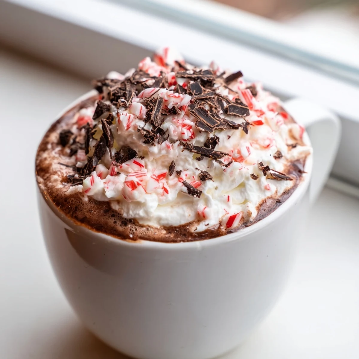 Two warm mugs of peppermint mocha hot chocolate with melty chocolate chips and espresso swirls for a sweet holiday treat.