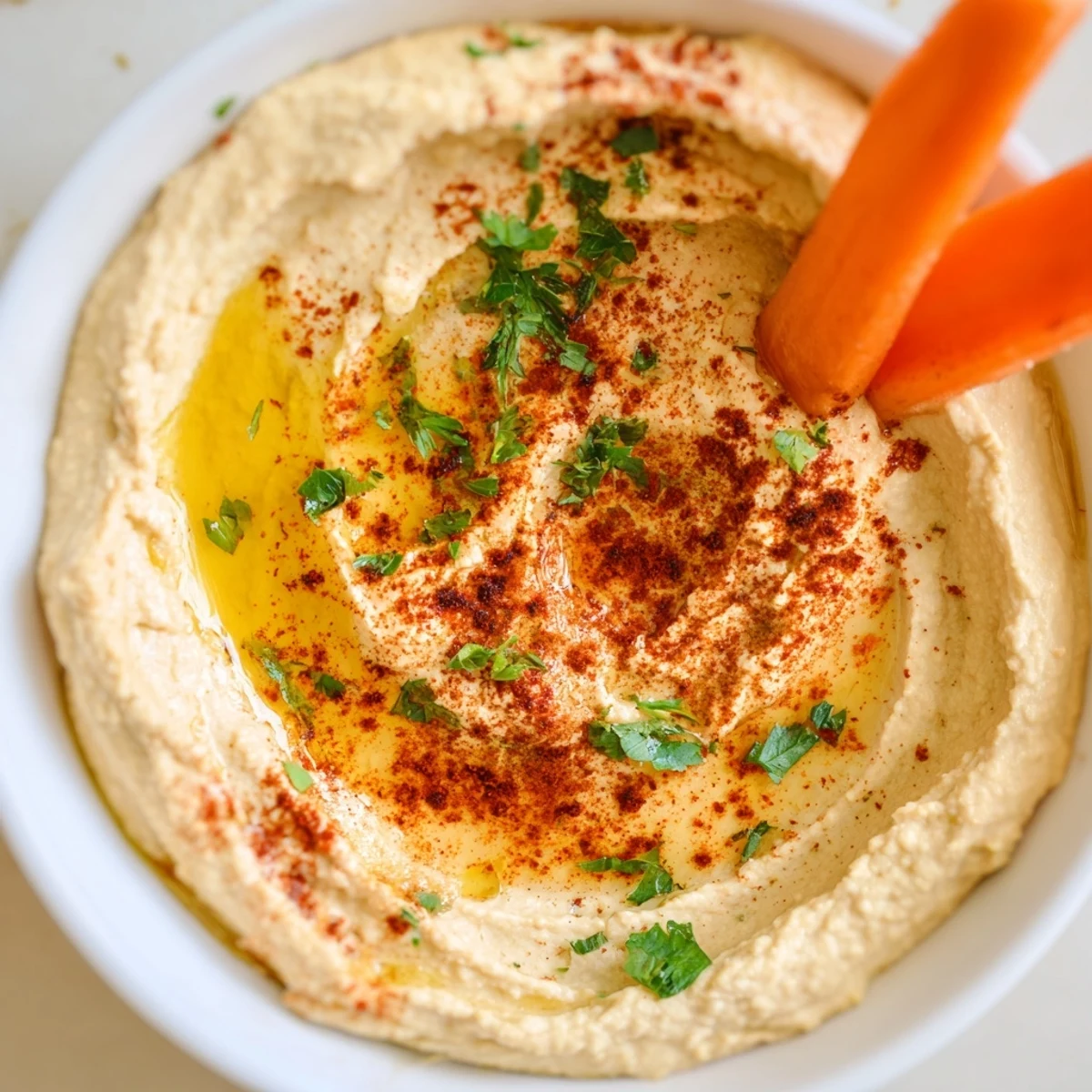 Creamy Classic Hummus with vegetable sticks in a colorful bowl, surrounded by carrots, cucumbers, and bell peppers for dipping.