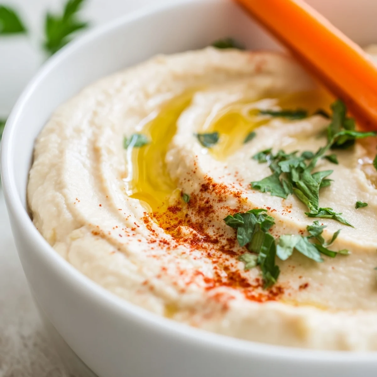 Smooth Classic Hummus with crunchy celery and carrot sticks, perfect for an easy snack or party platter.