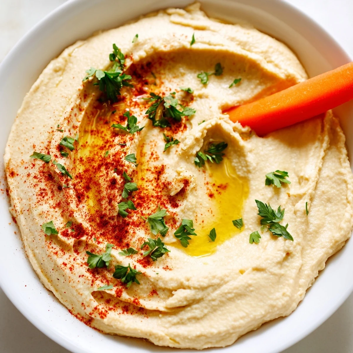 Classic Hummus with vegetable sticks garnished with olive oil and paprika, served on a platter as a healthy vegan appetizer.