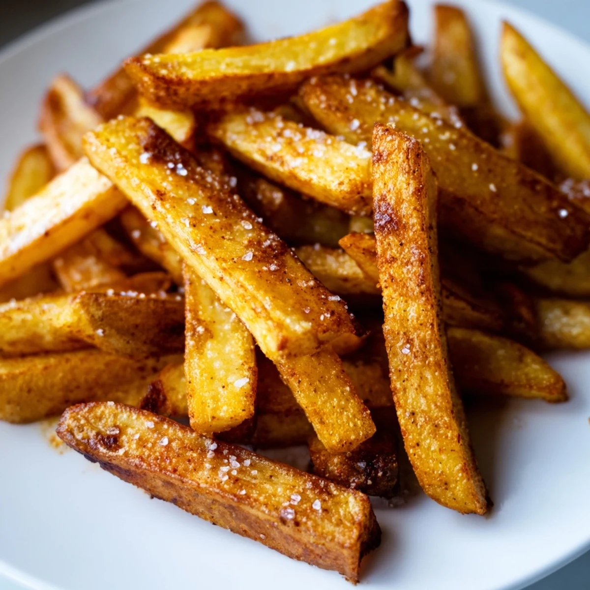 Crispy Oven Baked Fries with Sea Salt arranged on a baking sheet, featuring perfectly golden edges and a rustic, homemade texture.