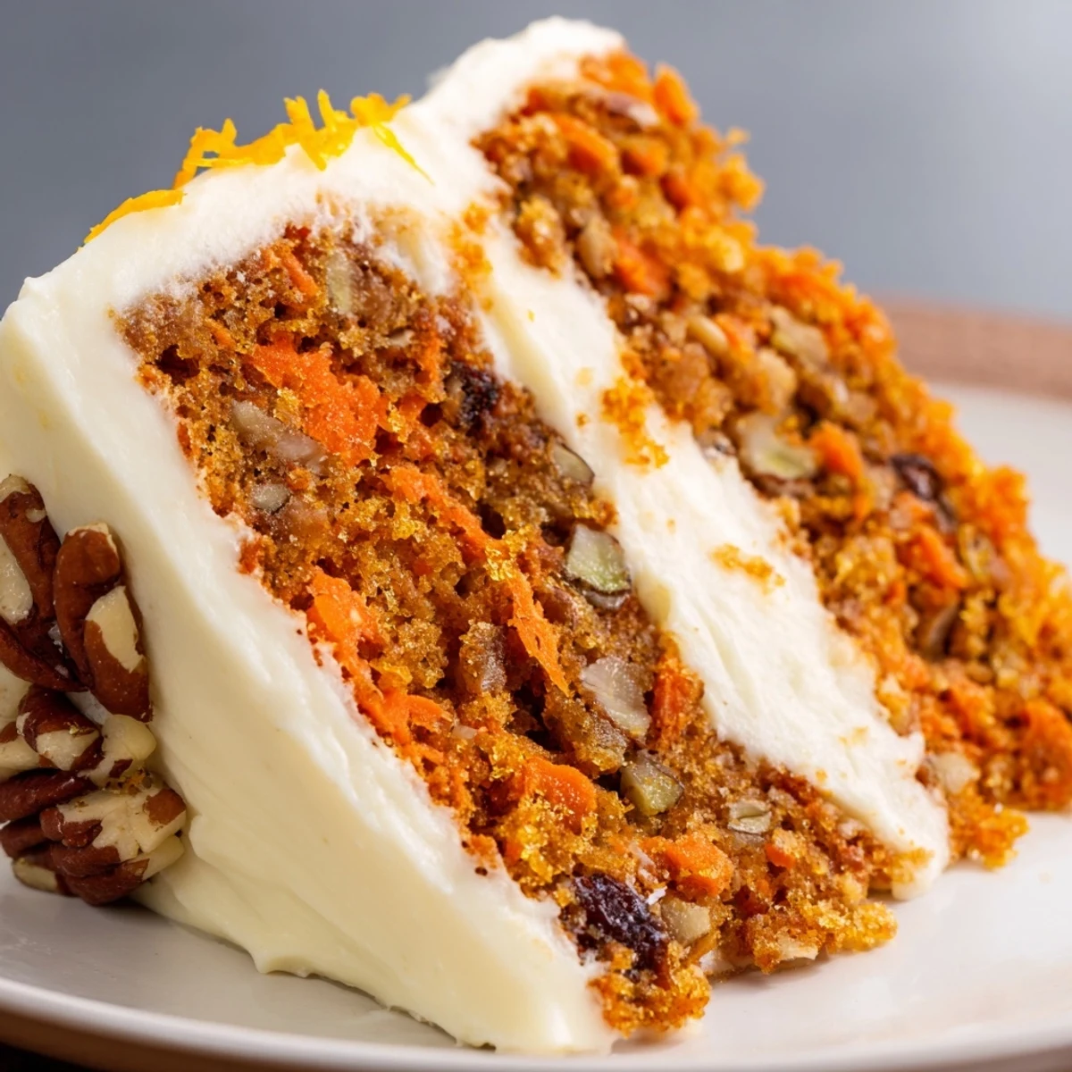 Moist Spiced Carrot Cake with Orange Frosting on a rustic table, nuts and zest garnish, a slice ready to serve.