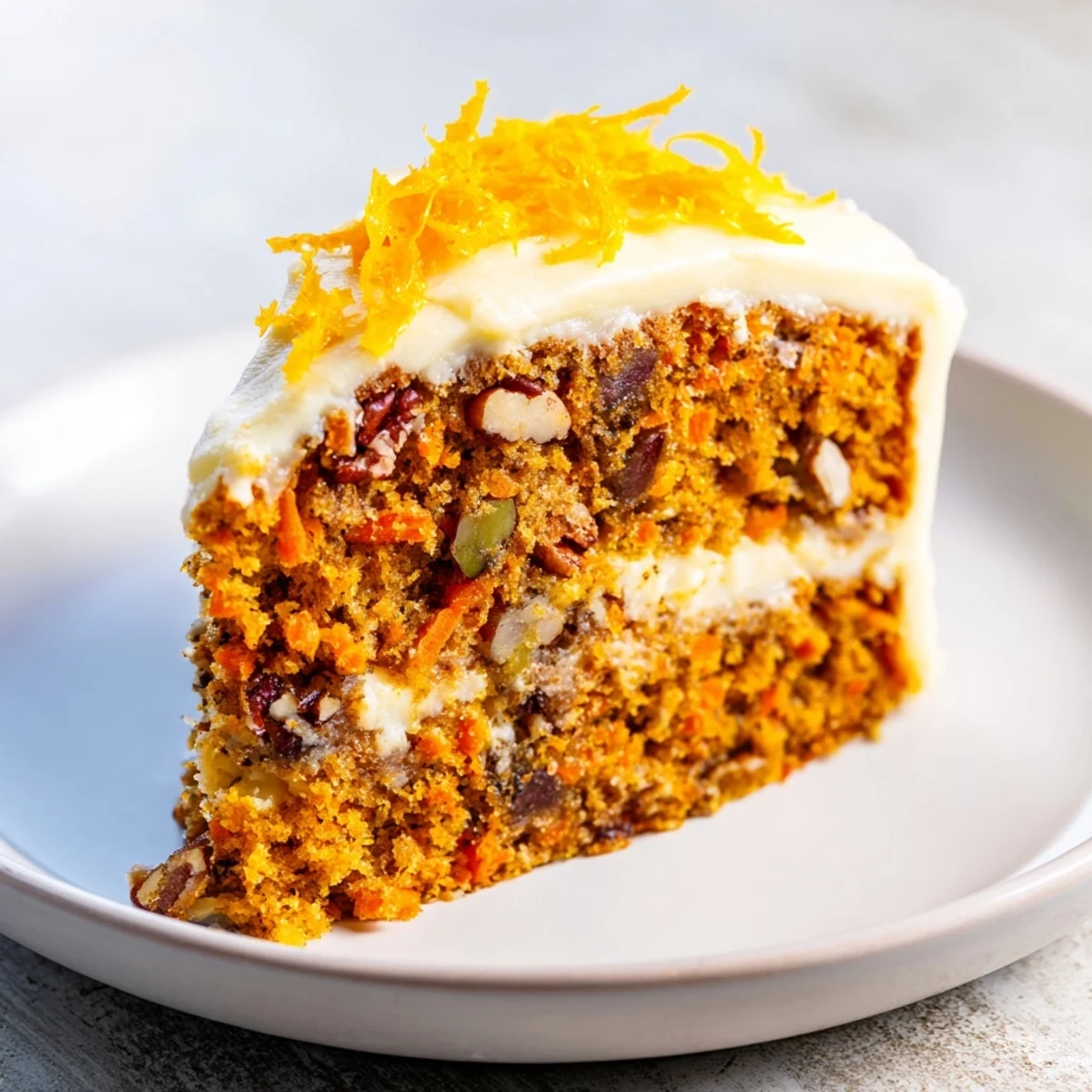 Slice of Spiced Carrot Cake with Orange Frosting, fluffy crumb and creamy topping, plated with a fork for dessert.