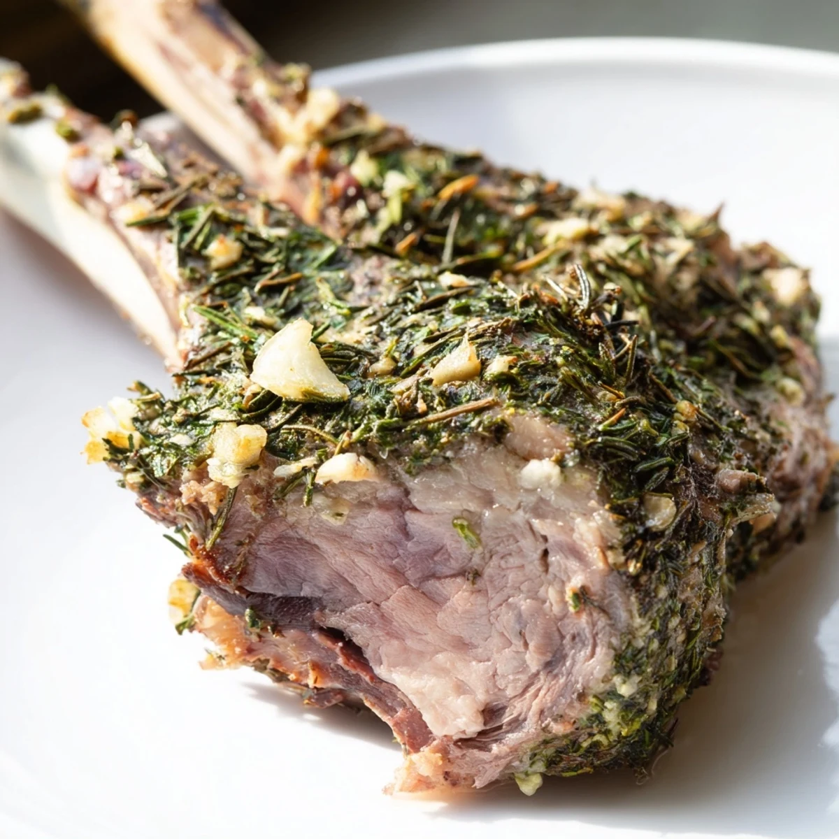 Perfectly seared herb roasted lamb chops with a caramelized crust, paired with a simple green salad on the side.