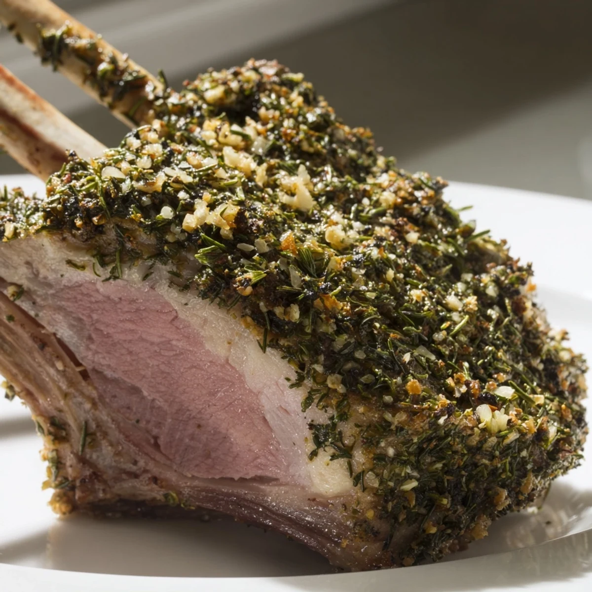Savory herb roasted lamb chops resting on a wooden board, featuring a juicy interior and vibrant green garnish.