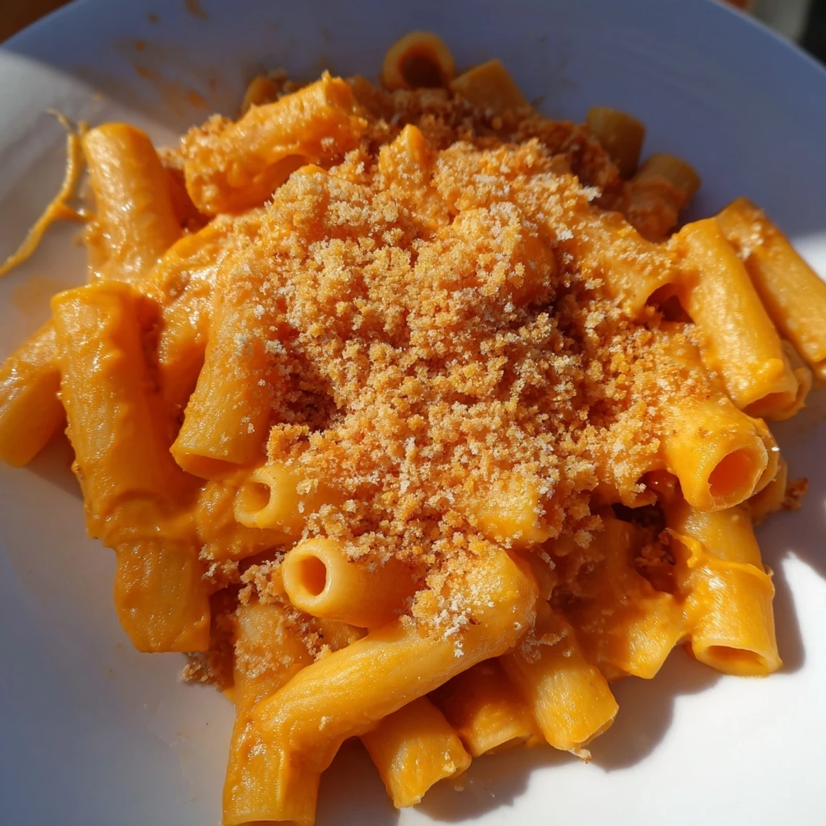 Golden, bubbling Butternut Squash Macaroni Cheese topped with crispy panko breadcrumbs, served fresh from the oven.