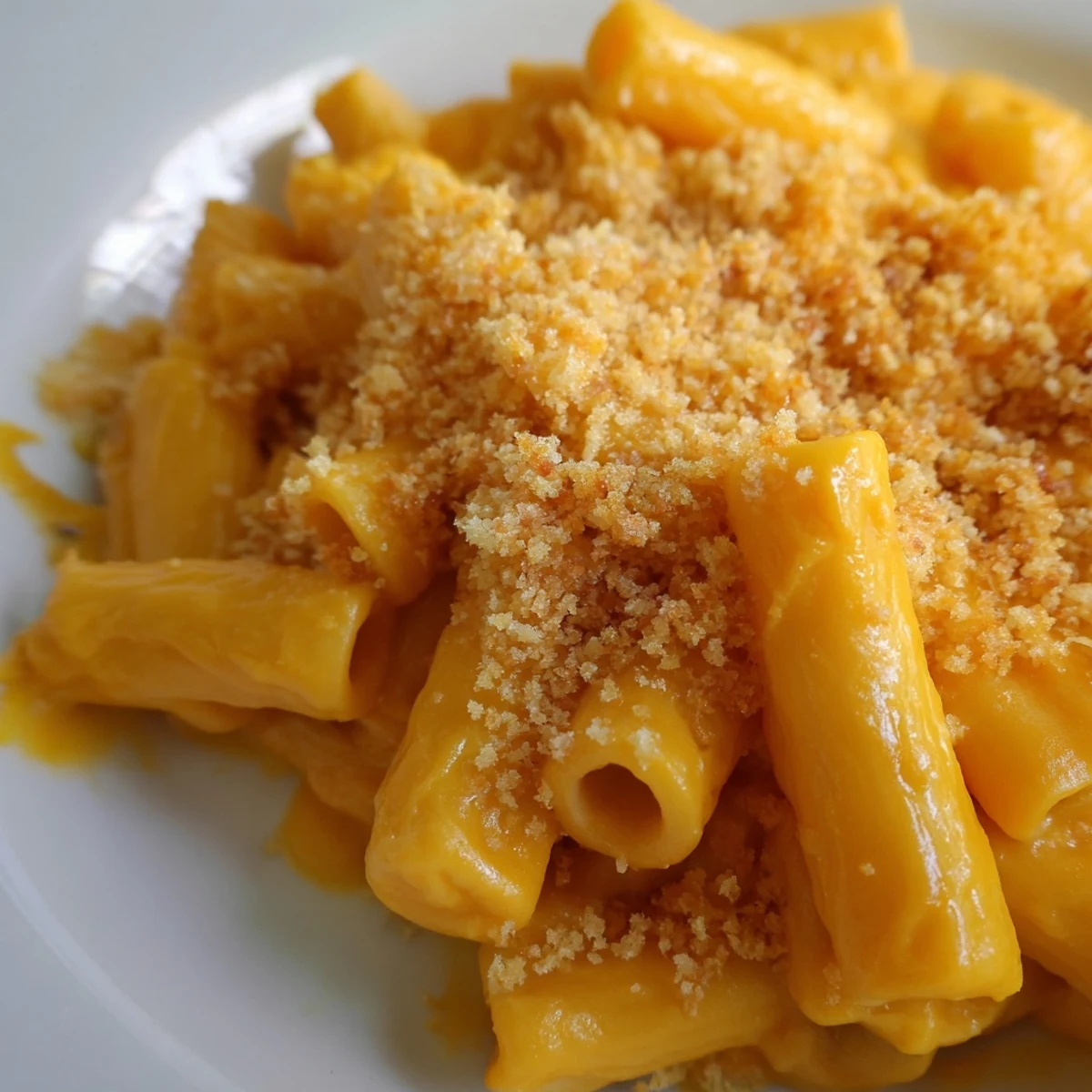 Rich Butternut Squash Macaroni Cheese casserole with a golden crust, ready to serve alongside a green salad.