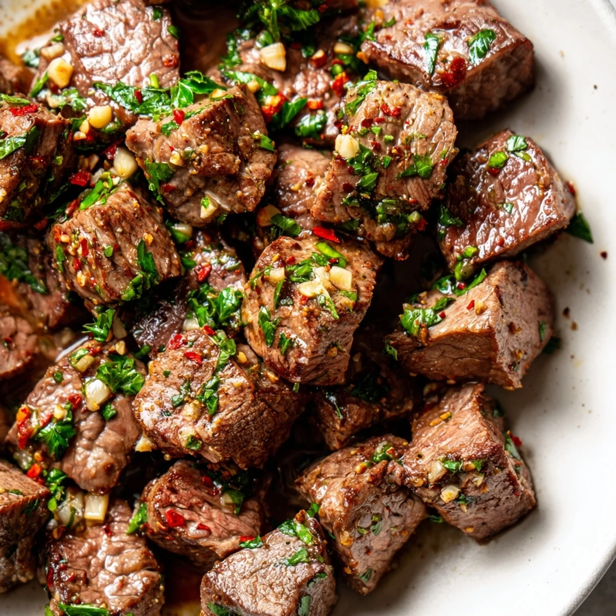 Freshly seared Garlic Butter Steak Cubes sizzling in a skillet with melted butter and minced garlic, topped with parsley.