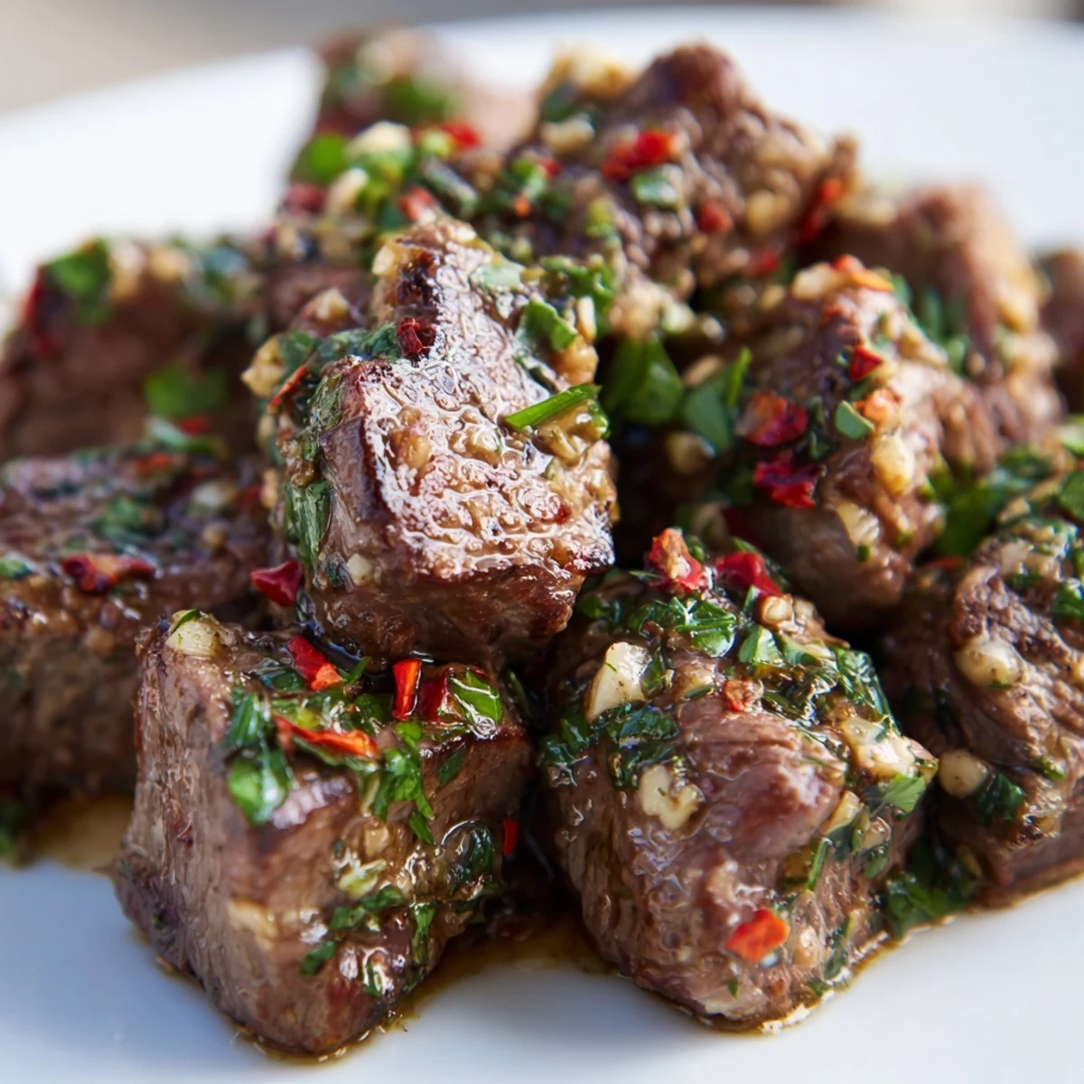 Golden-brown bite-sized steak cubes tossed in a rich garlic butter sauce, served hot over creamy mashed potatoes for dinner.