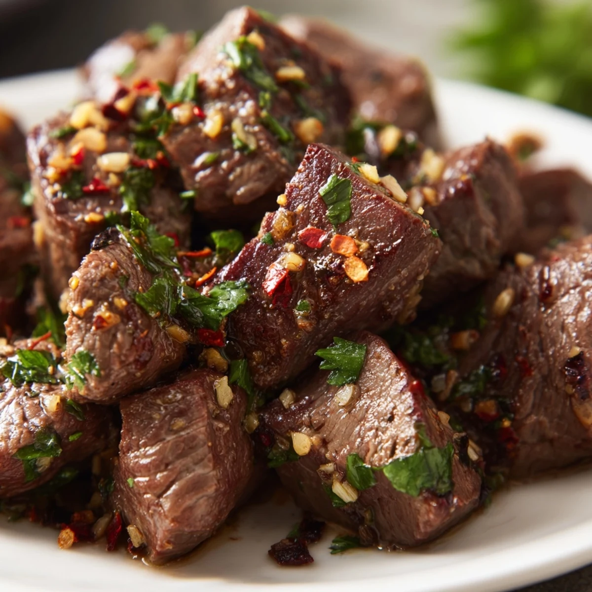 Sizzling Garlic Butter Steak Cubes in a cast-iron pan with fresh herbs, ready to be enjoyed as an appetizer.
