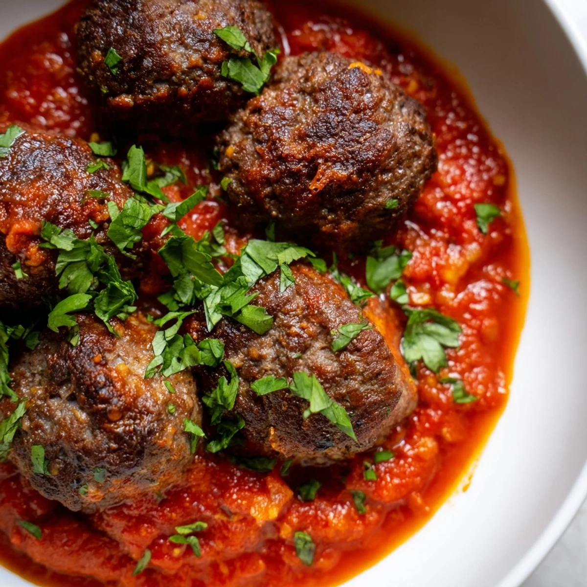 A close-up view of succulent Spicy Lamb Merguez Meatballs nestled in rich, chunky tomato sauce, ready to serve.