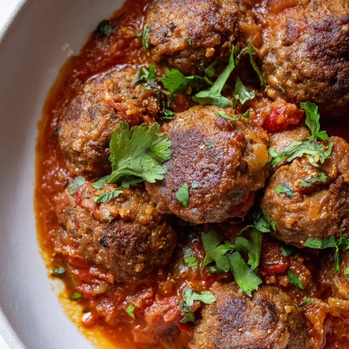 Golden-brown Spicy Lamb Merguez Meatballs simmering in a vibrant red tomato sauce, garnished with fresh cilantro.