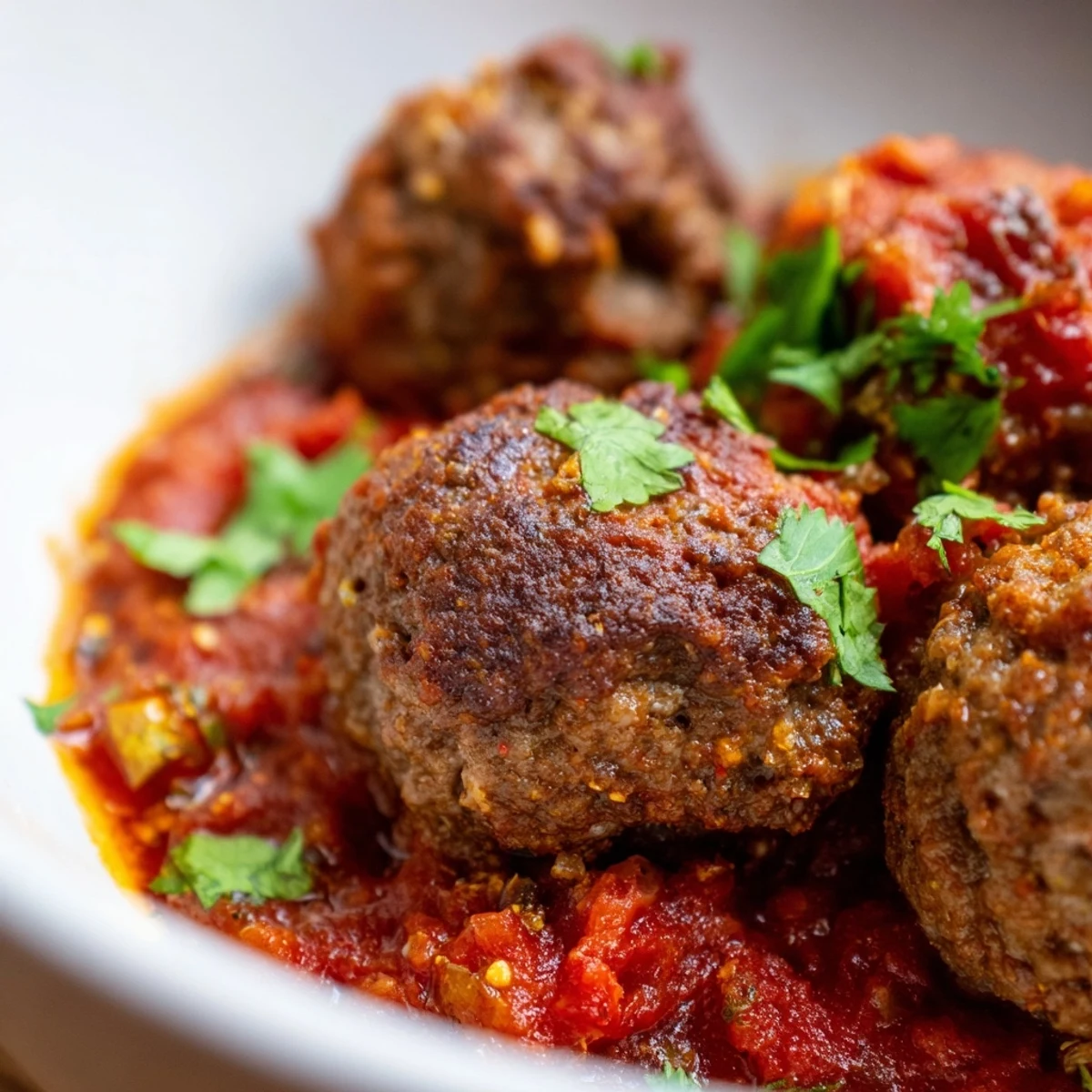 Spicy Lamb Merguez Meatballs in a skillet, paired with crusty bread for dipping into the aromatic sauce.