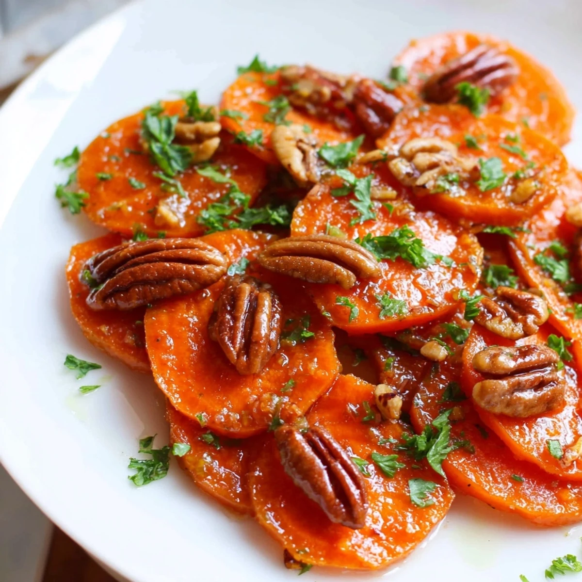 Tender Glazed Carrots with Maple and Pecans on a wooden table, perfect for a healthy Thanksgiving side dish.