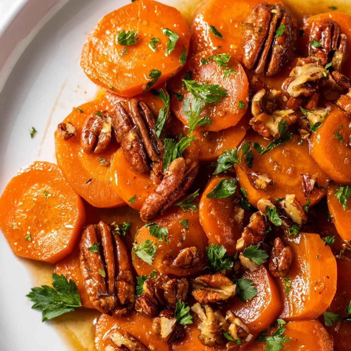 Close-up of Glazed Carrots with Maple and Pecans showing glossy orange roots and crunchy toasted nuts, served in a skillet.