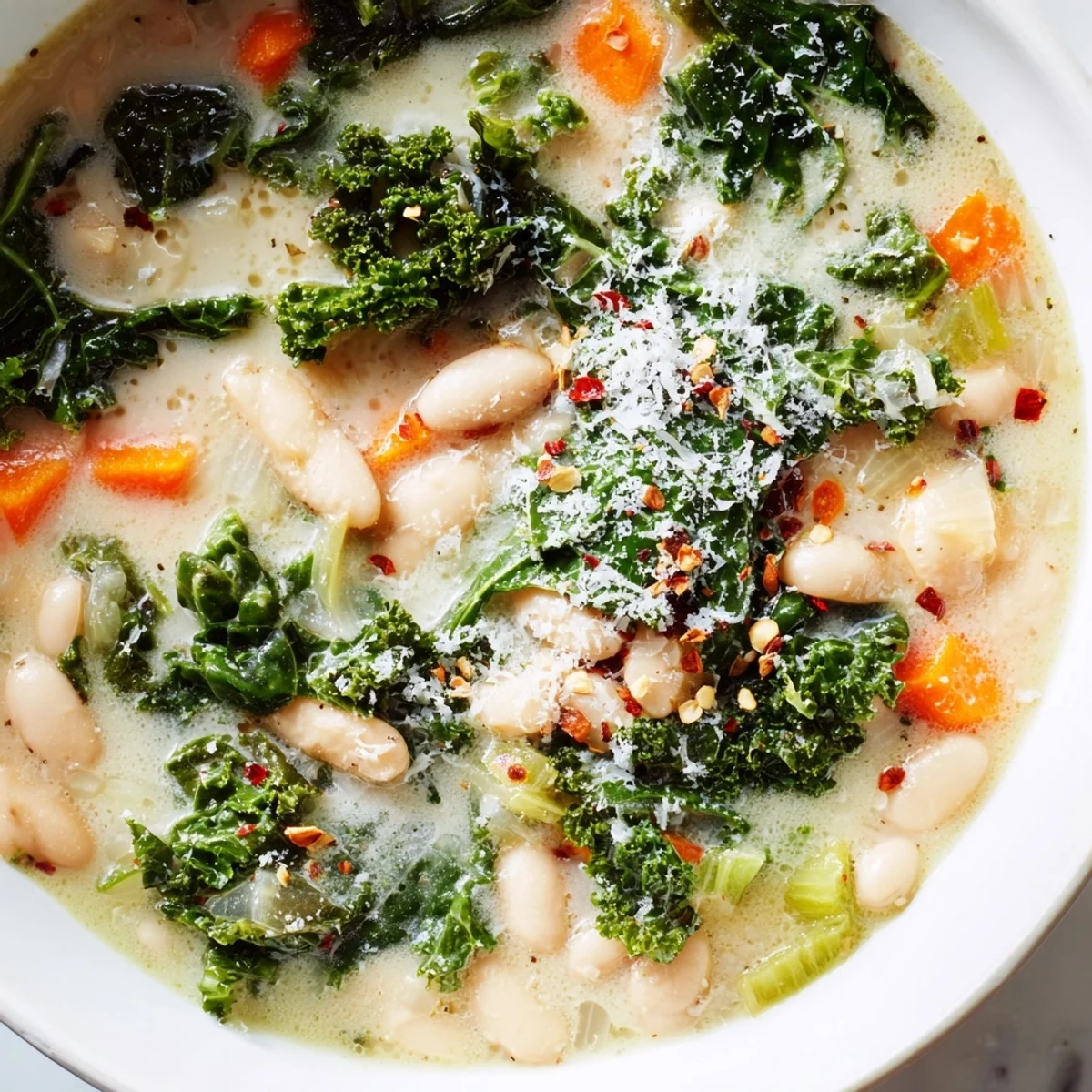 Creamy Tuscan White Bean and Kale Soup ladled into a rustic bowl, garnished with Parmesan and herbs.