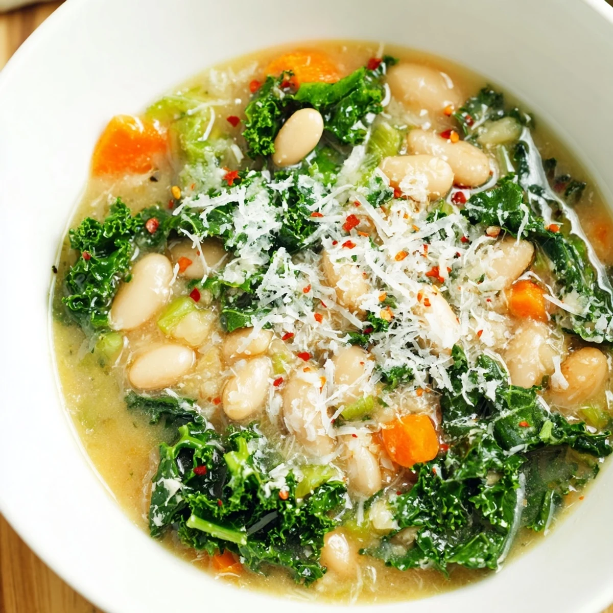 Steaming bowl of Creamy White Bean and Kale Tuscany Soup with vibrant greens and a lemon wedge.