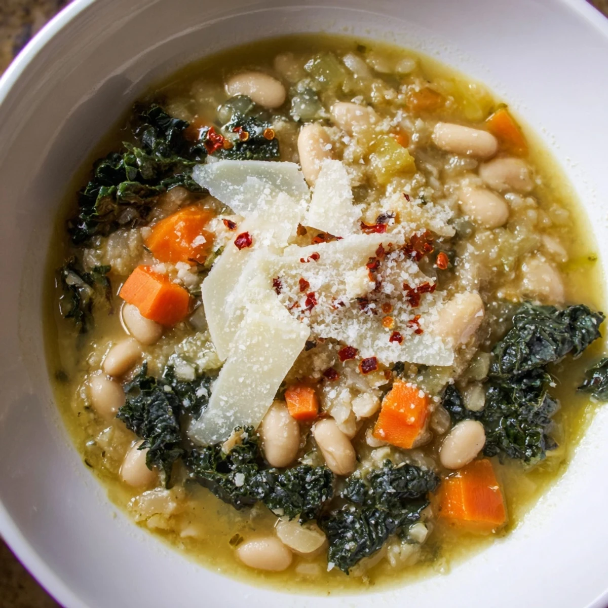 A spoon dips into a bowl of Creamy White Bean and Kale Tuscany Soup next to crusty bread.