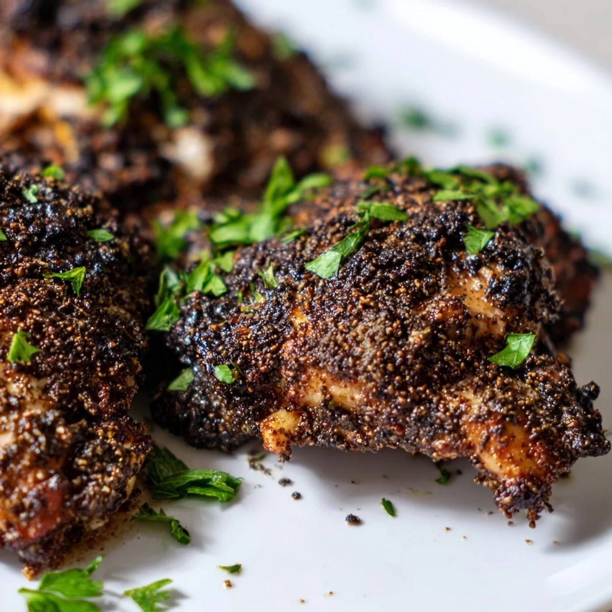 Golden-brown Grilled Chicken Thighs with Zaatar and Sumac rested on a platter with lemon wedges and fresh parsley.
