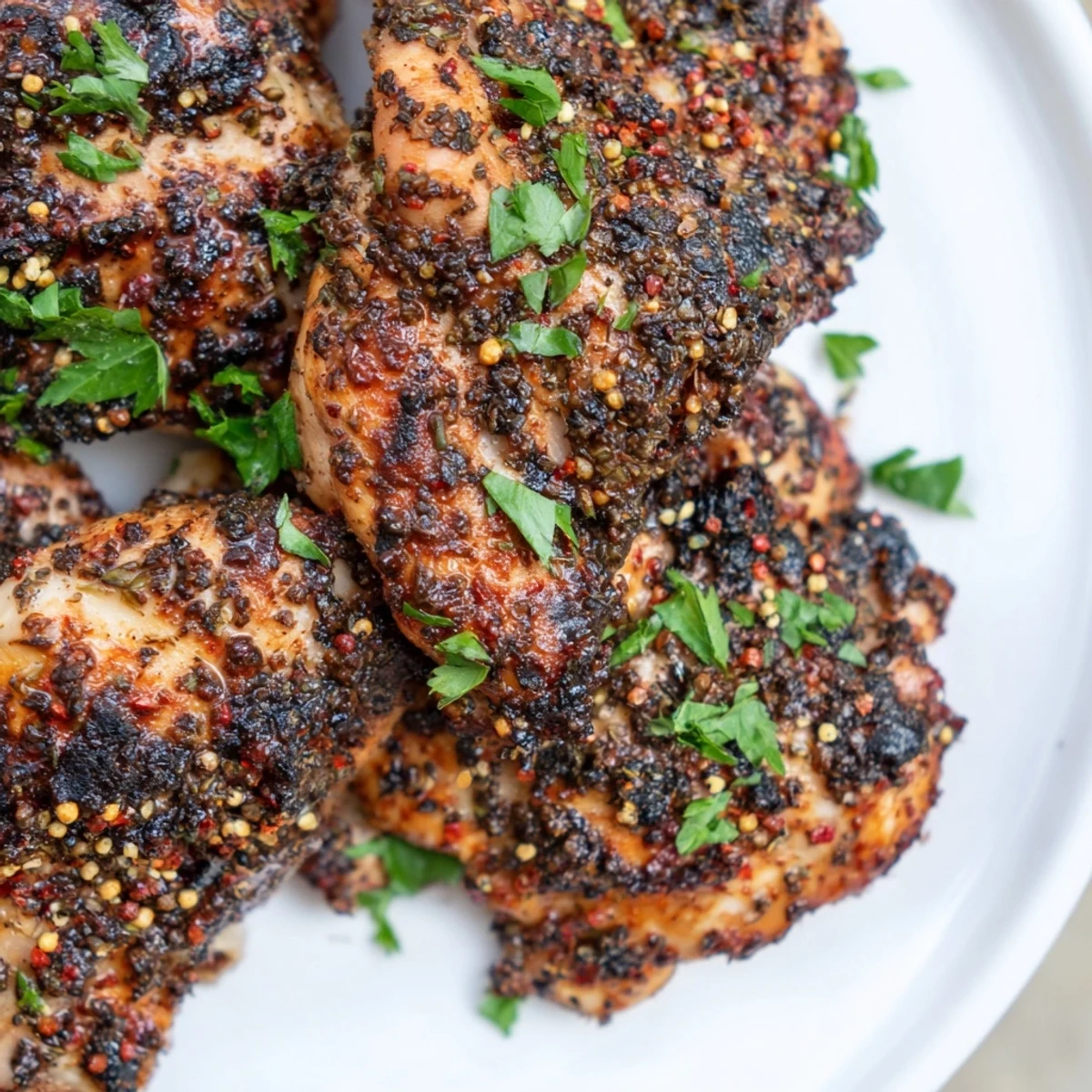 Char-grilled Grilled Chicken Thighs with Zaatar and Sumac glistening with olive oil and herbs on a rustic board.