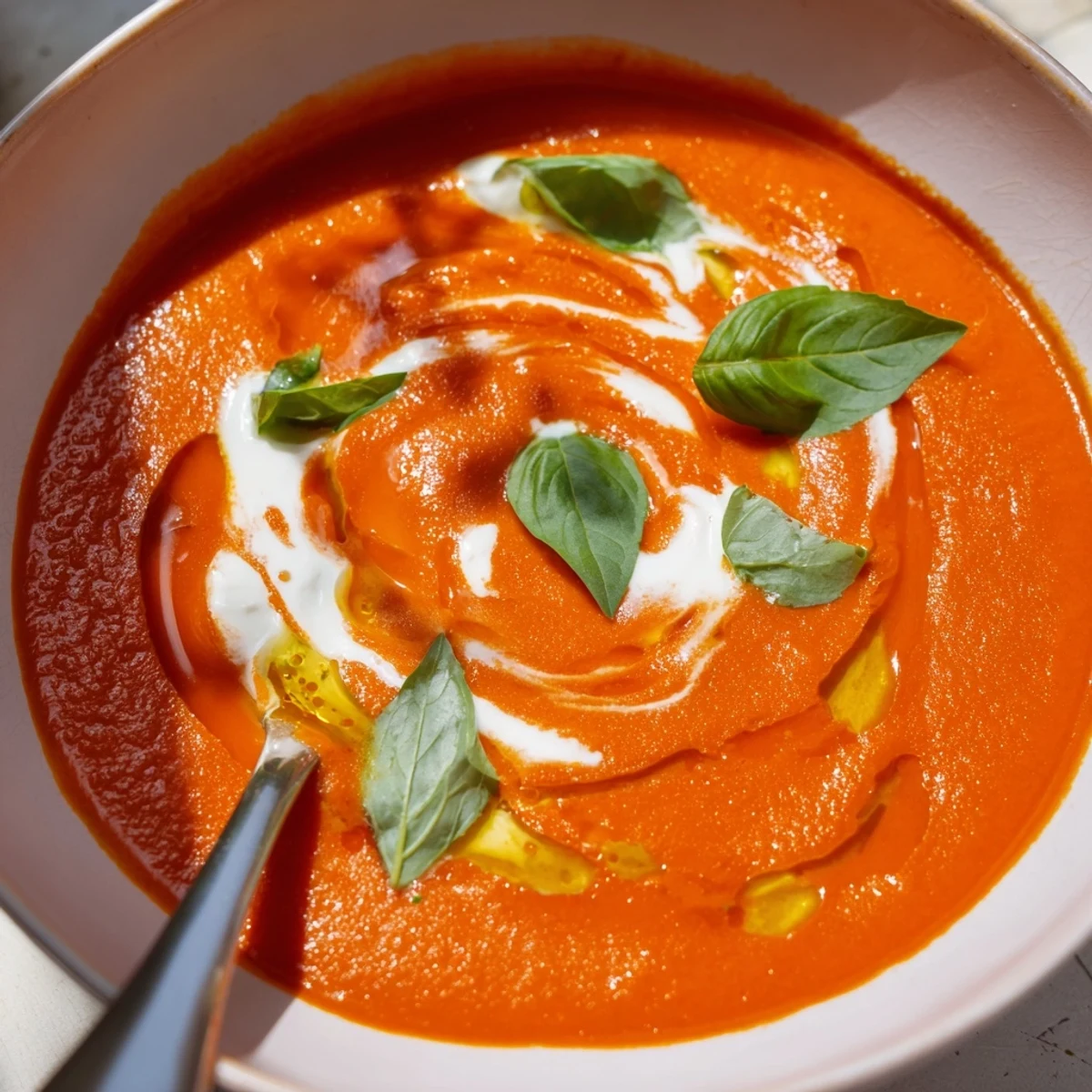 A bowl of Smoky Roasted Tomato and Basil Soup with a creamy texture and a fresh basil garnish.
