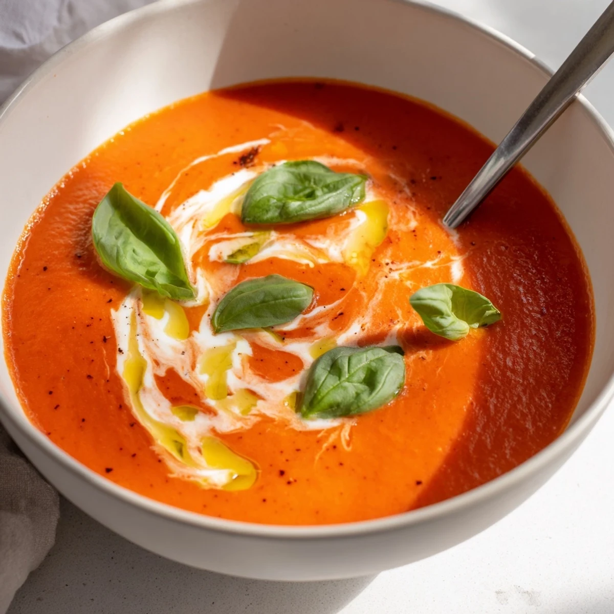 A hand holding a grilled cheese sandwich dipped into a warm bowl of Smoky Roasted Tomato and Basil Soup.