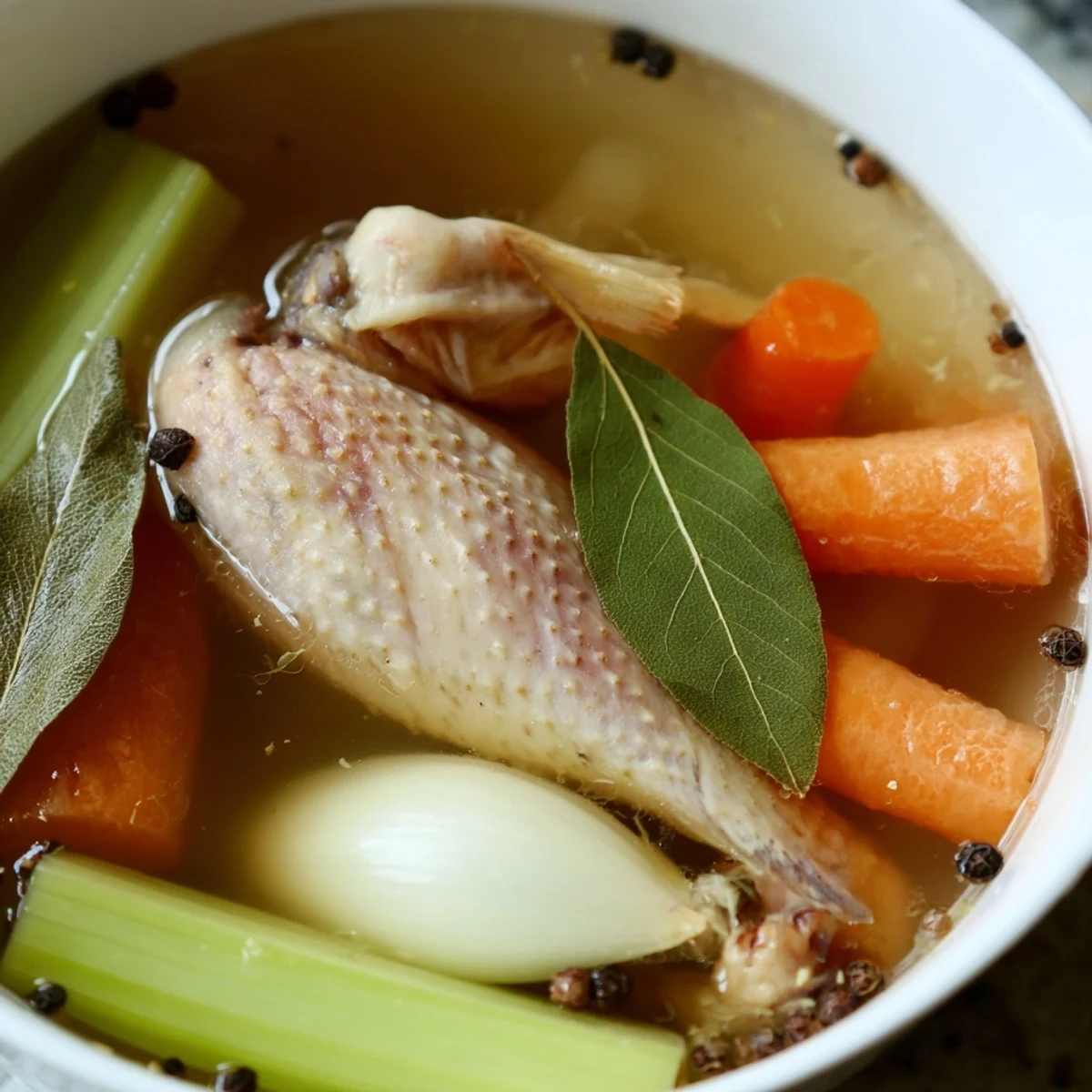 Fragrant Homemade Chicken Bone Broth with Ginger steams in a pot with sliced roots and aromatics, ideal for sipping.