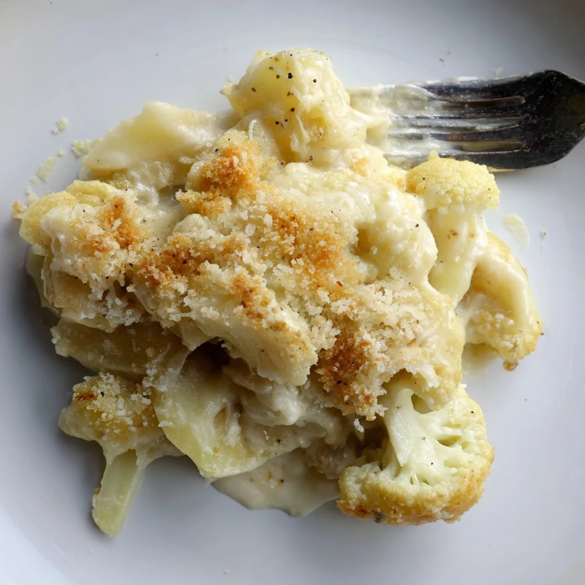 Sliced Yukon Gold potatoes and tender cauliflower florets layered in a rich, creamy cheese sauce.