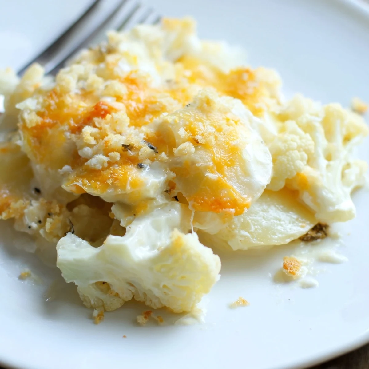 Homemade Cheesy Cauliflower and Potato Gratin served hot as a comforting French side dish.