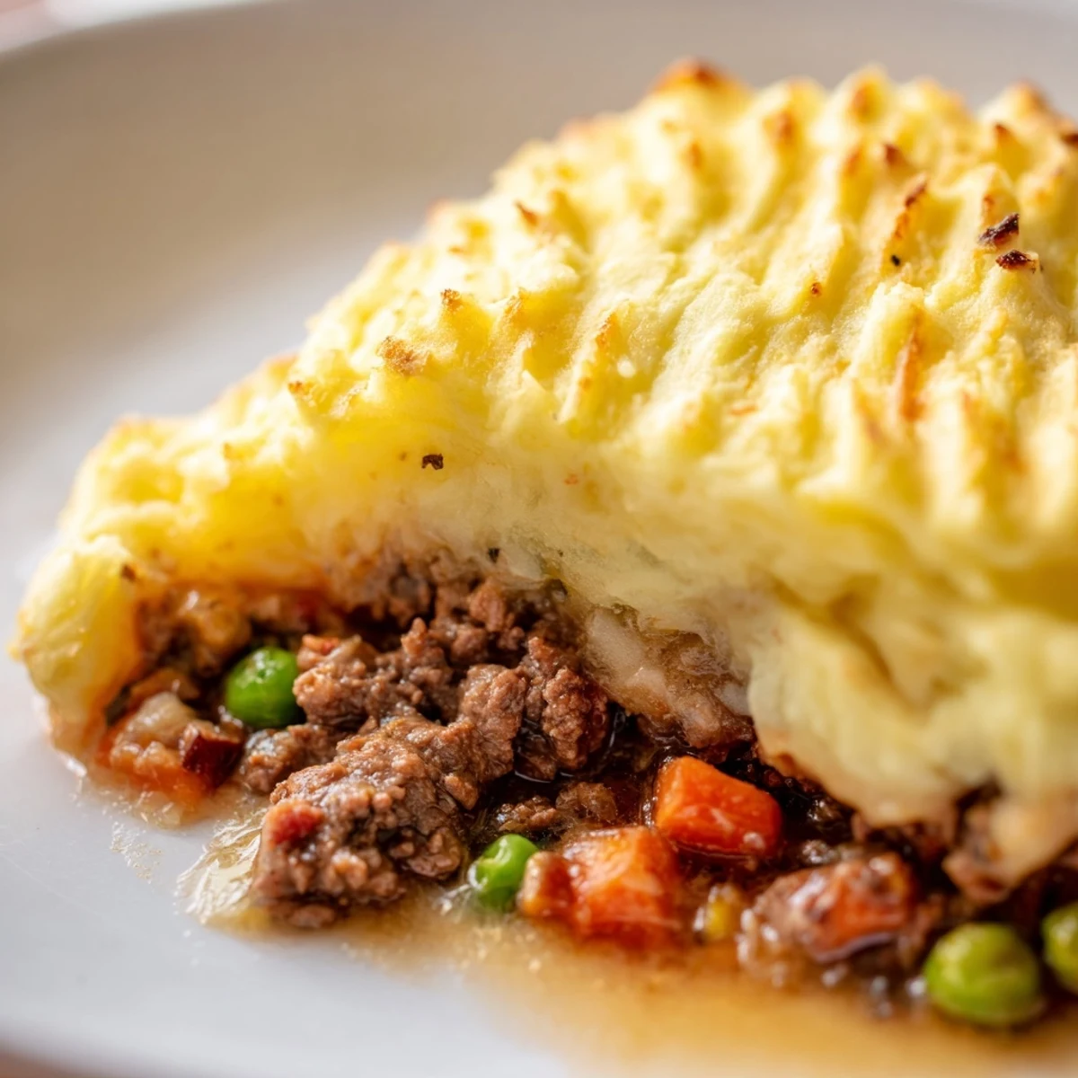 Golden-brown Classic Beef Cottage Pie bubbling from the oven, featuring a rich beef filling and fluffy mashed potato topping.