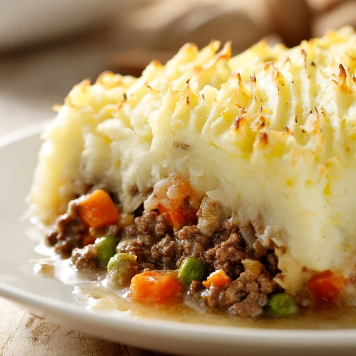 Homemade Classic Beef Cottage Pie with golden, fork-textured mash, ready to serve with fresh green beans on the side.