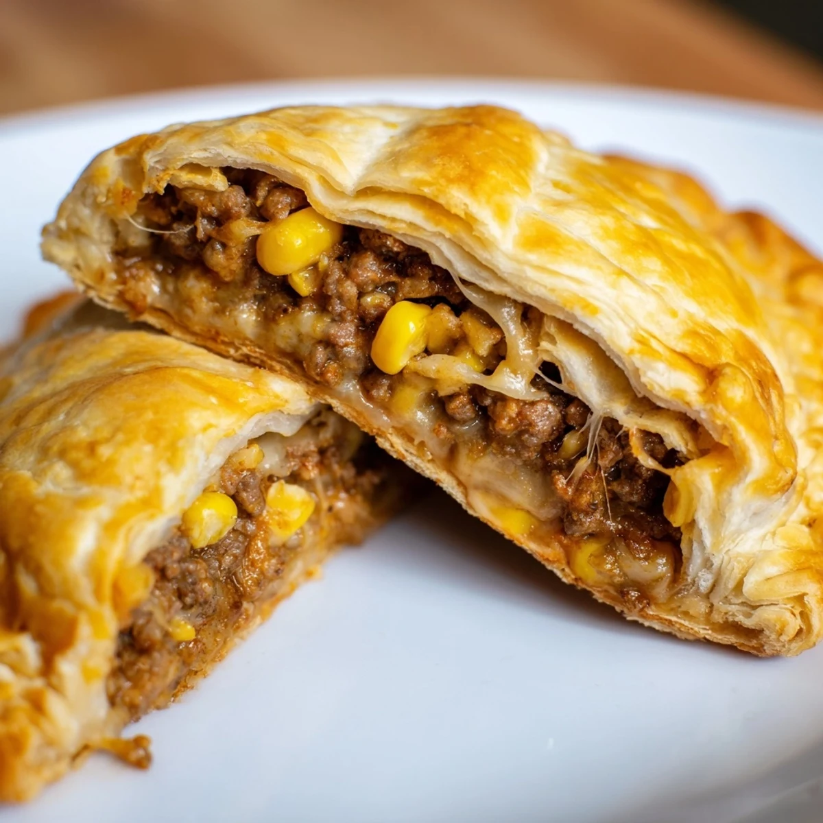 Golden, flaky Beef and Cheese Empanadas with Corn sit on a rustic plate ready to be served as a snack.