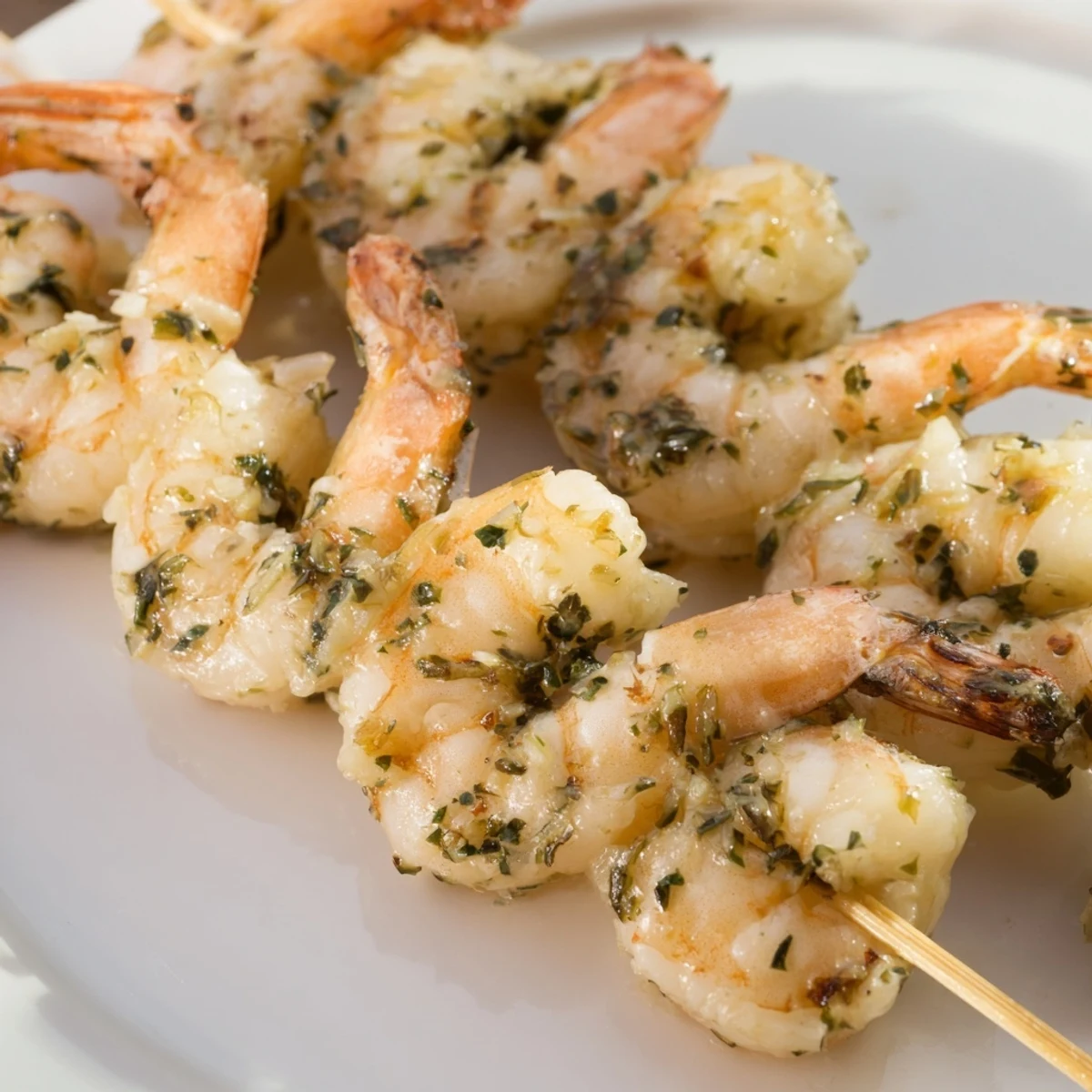Sizzling Lemon Herb Grilled Shrimp Skewers fresh off the grill, showing juicy shrimp with bright lemon wedges and herbs.
