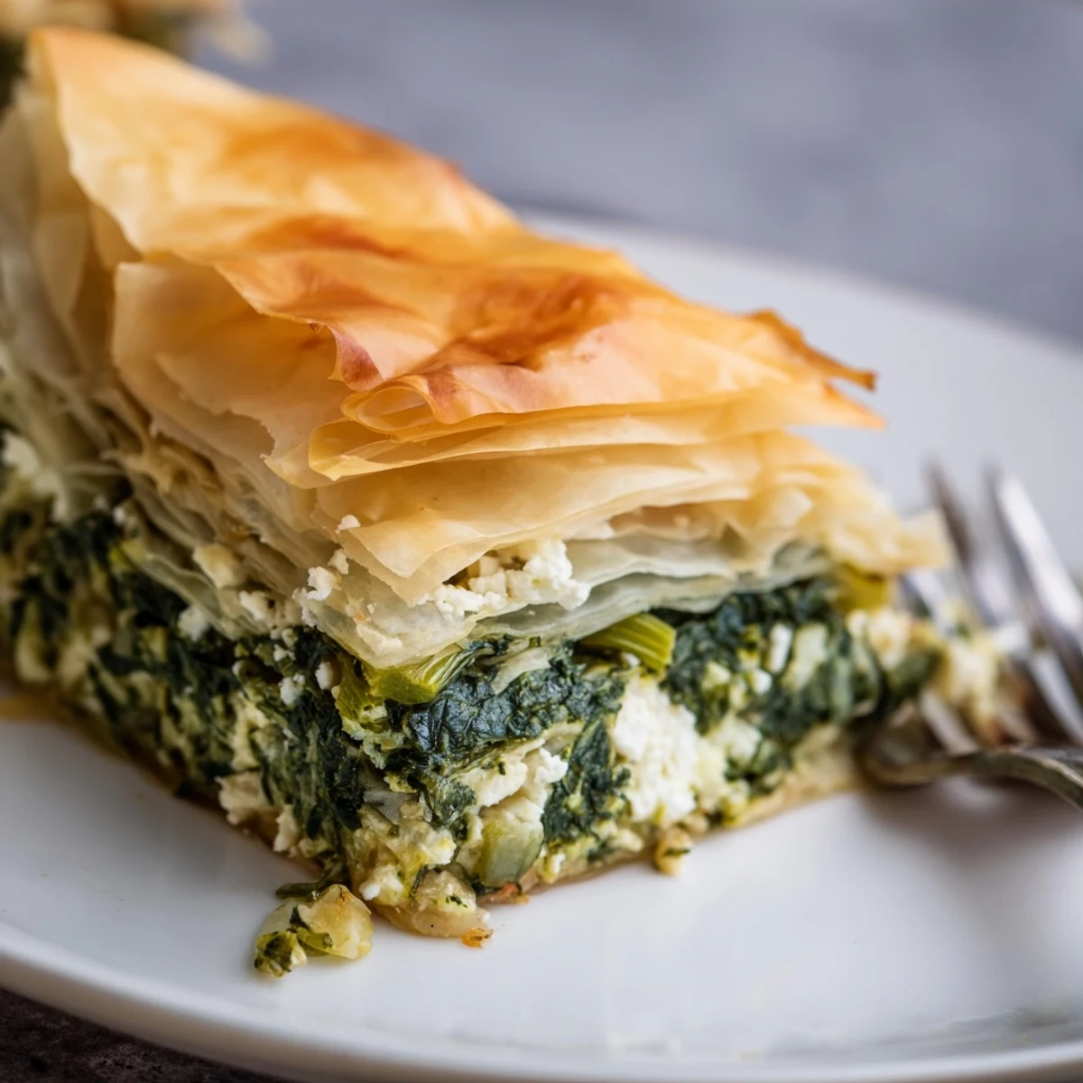 Freshly baked Savory Spinach Pie with Filo displays golden, flaky layers served warm with a crisp green salad on the side.