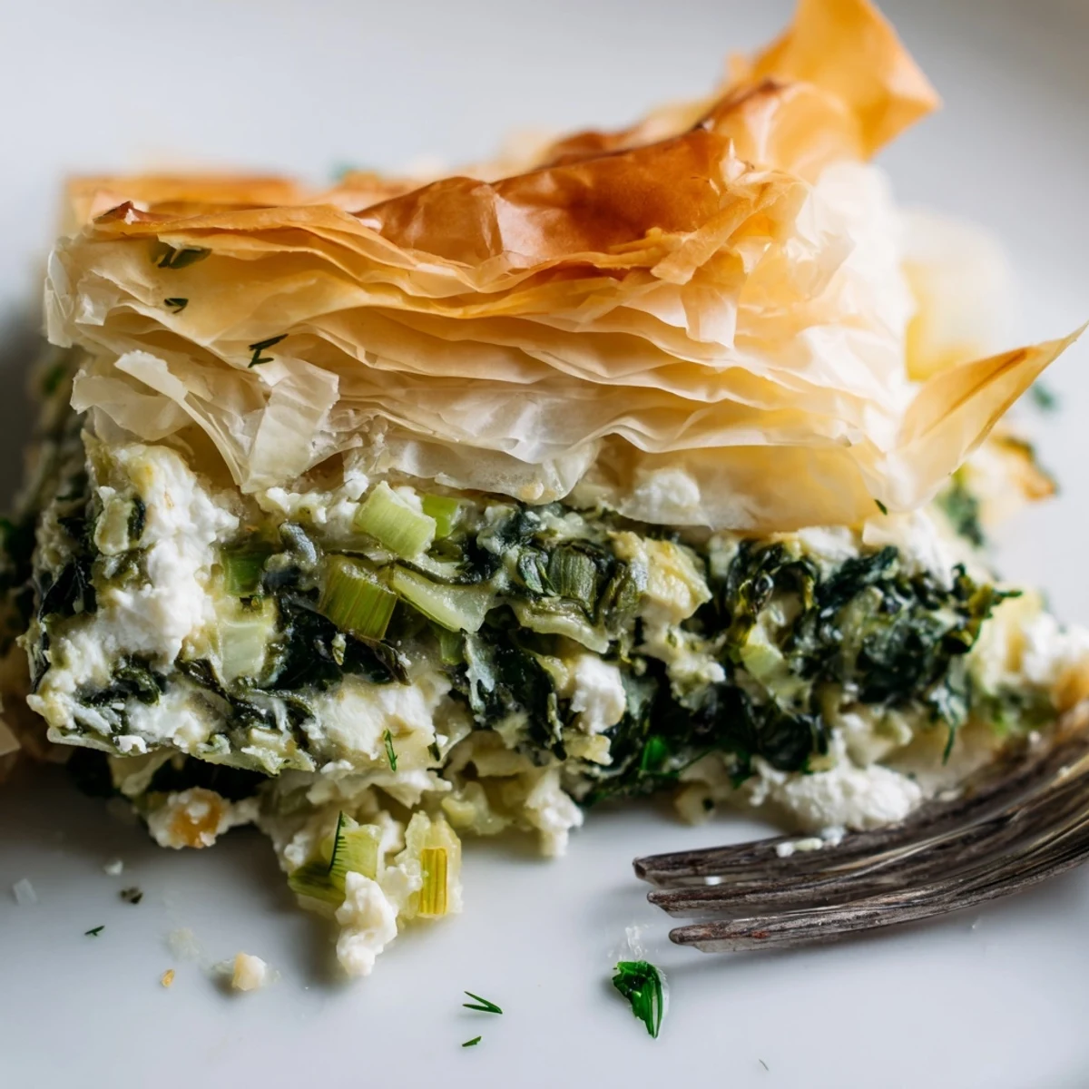 Slices of Savory Spinach Pie with Filo reveal creamy feta and herb filling alongside delicate, buttery pastry on a rustic plate.