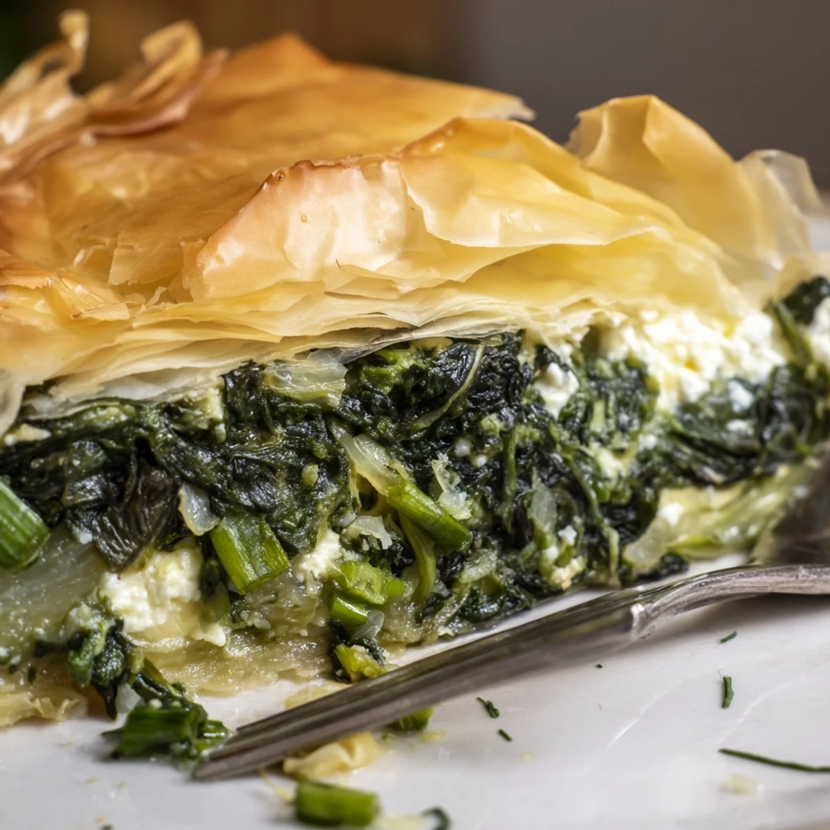 Overhead view of Savory Spinach Pie with Filo, scored into wedges and garnished with fresh dill for a Mediterranean-inspired main dish.