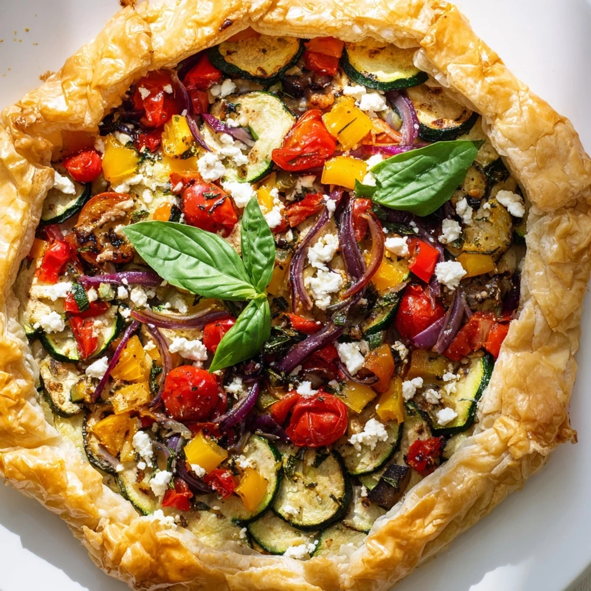 Golden-brown Roasted Vegetable Tart with Puff Pastry features roasted eggplant and zucchini on flaky pastry, topped with crumbled goat cheese and fresh basil.