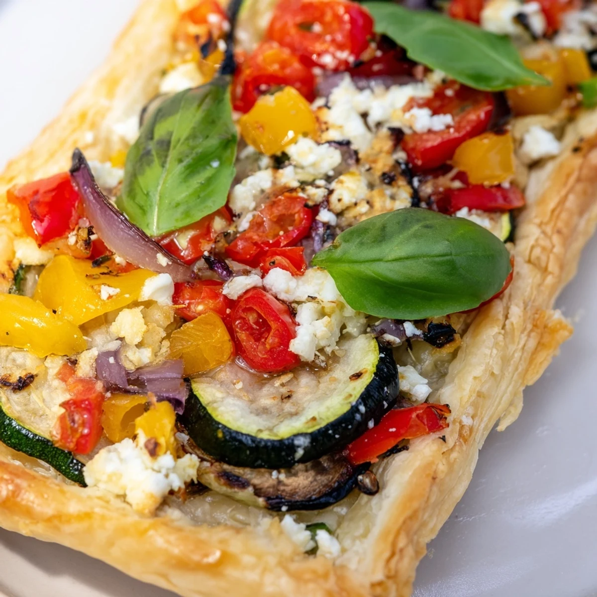 Freshly baked Roasted Vegetable Tart with Puff Pastry topped with cherry tomatoes and Parmesan, perfect for a light lunch or elegant vegetarian dinner.