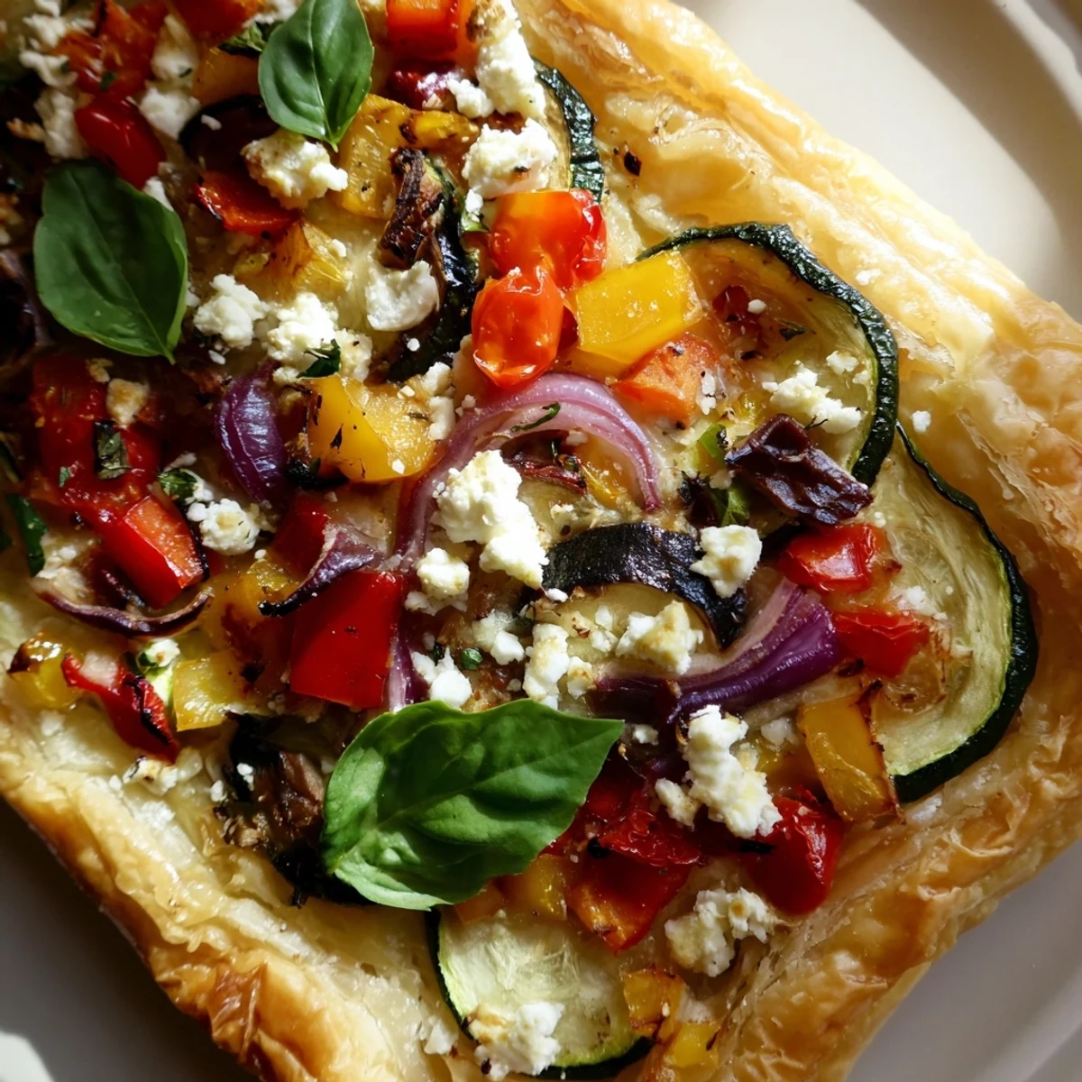 Sliced Roasted Vegetable Tart with Puff Pastry reveals colorful roasted red and yellow peppers with red onion, served on a wooden board with basil garnish.