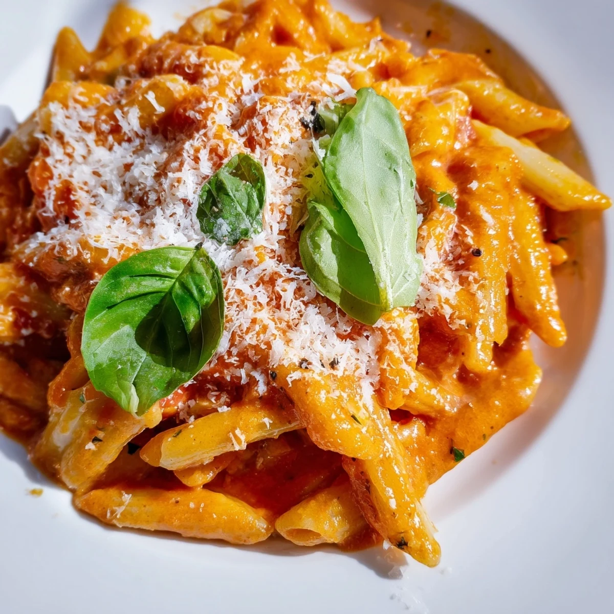 Freshly cooked Creamy Tomato Pasta with Fresh Basil is twirled onto a fork, topped with extra grated Parmesan. 