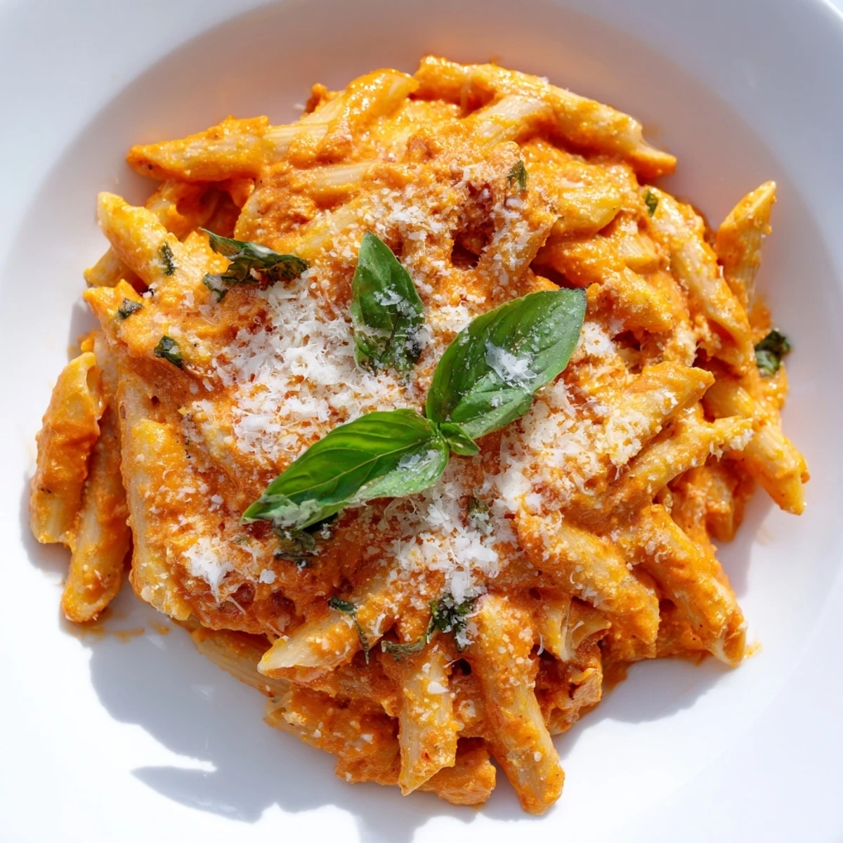 Plate of Creamy Tomato Pasta with Fresh Basil garnished with torn basil leaves, paired with a glass of red wine. 