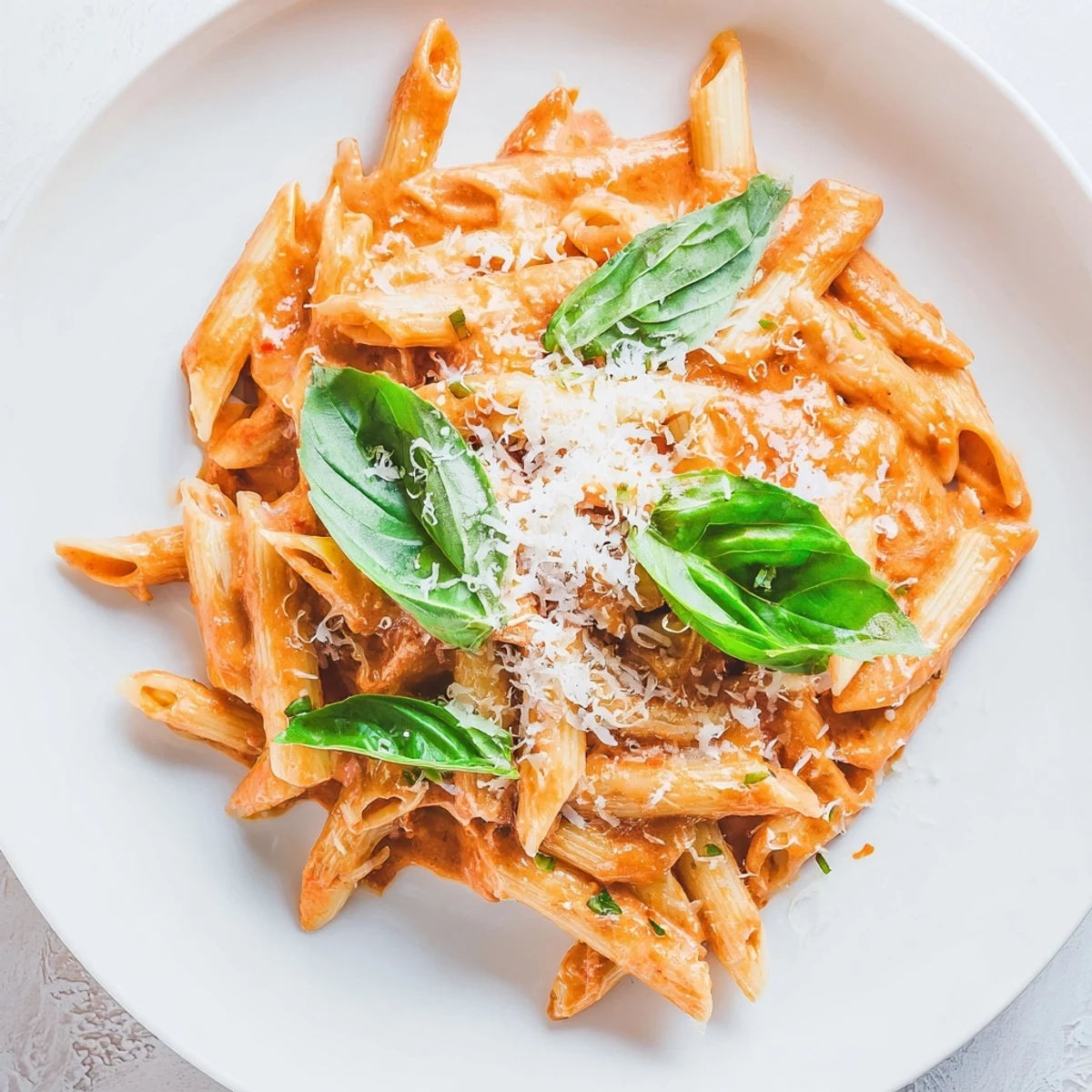 Steam rises from a skillet of Creamy Tomato Pasta with Fresh Basil, showcasing the rich red sauce and cheese.