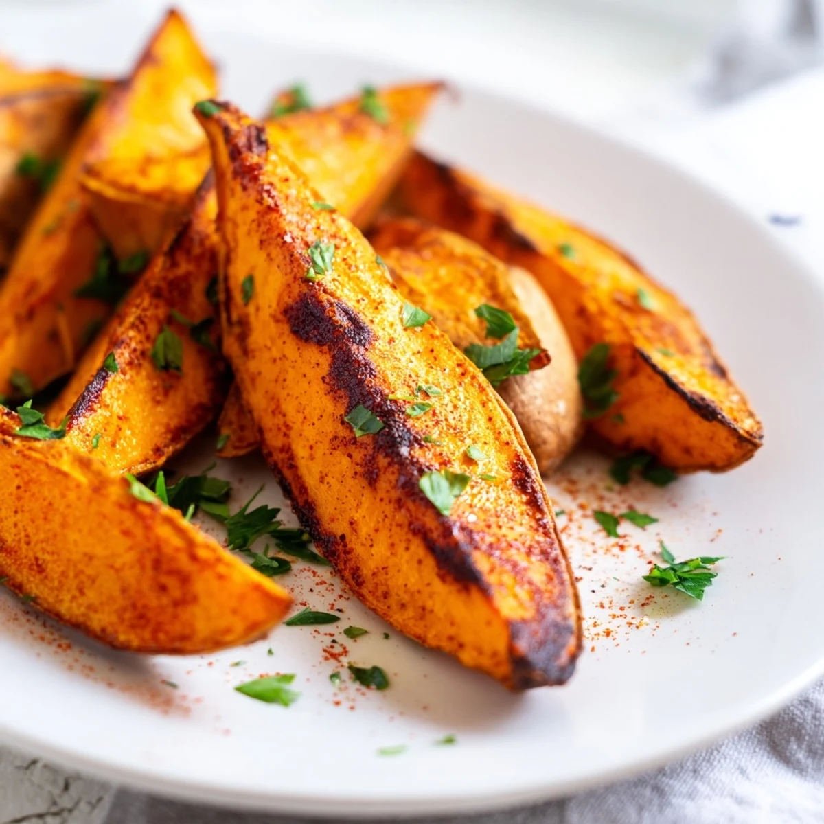 Golden Roasted Sweet Potato Wedges with Paprika, crispy edges and tender centers, arranged on a platter with fresh parsley and lemon wedges for serving.