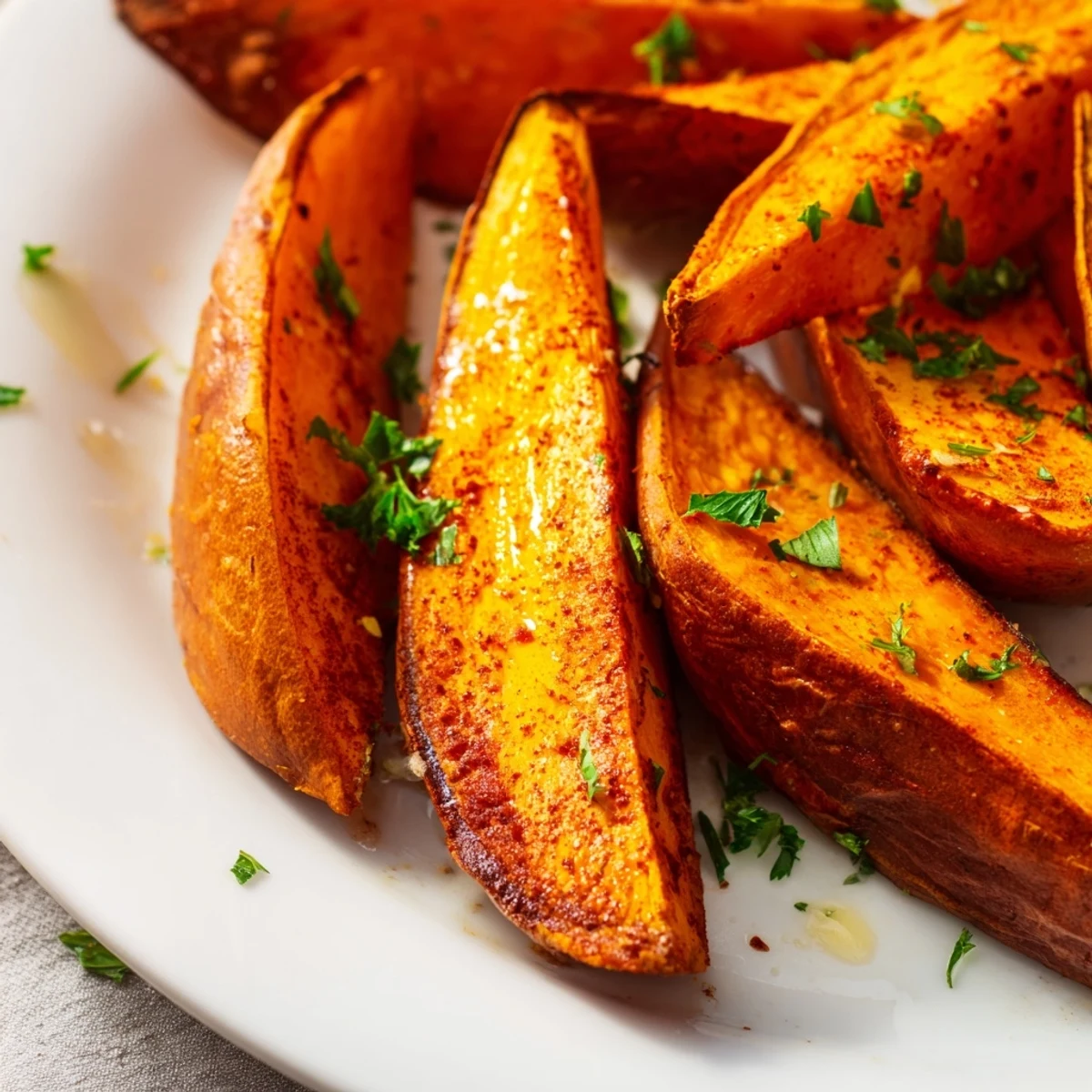 Roasted Sweet Potato Wedges with Paprika seasoned with smoked paprika and garlic powder, served warm alongside a creamy dipping sauce for a flavorful vegan side dish.